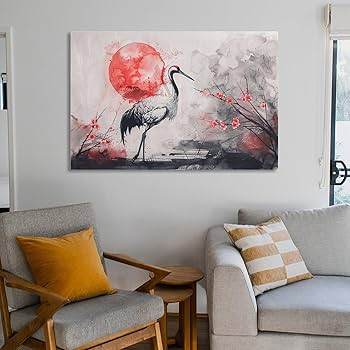 Amazon.co.jp: 絵画 赤い太陽とタンチョウ鶴インテリア 絵画 超リアル