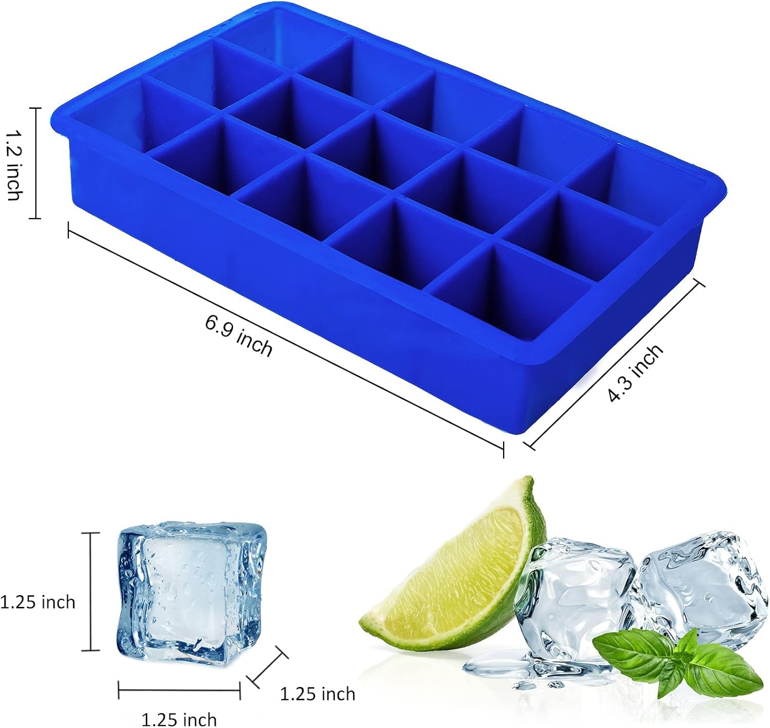 OZERA 2 Pack Silicone Ice Cube Tray, Ice Cube Trays Molds, Large Ice Cube Tray for Whiskey, Easy Release Flexible Ice Cube Molds 15 Ice Cubes for Cocktail, Blue