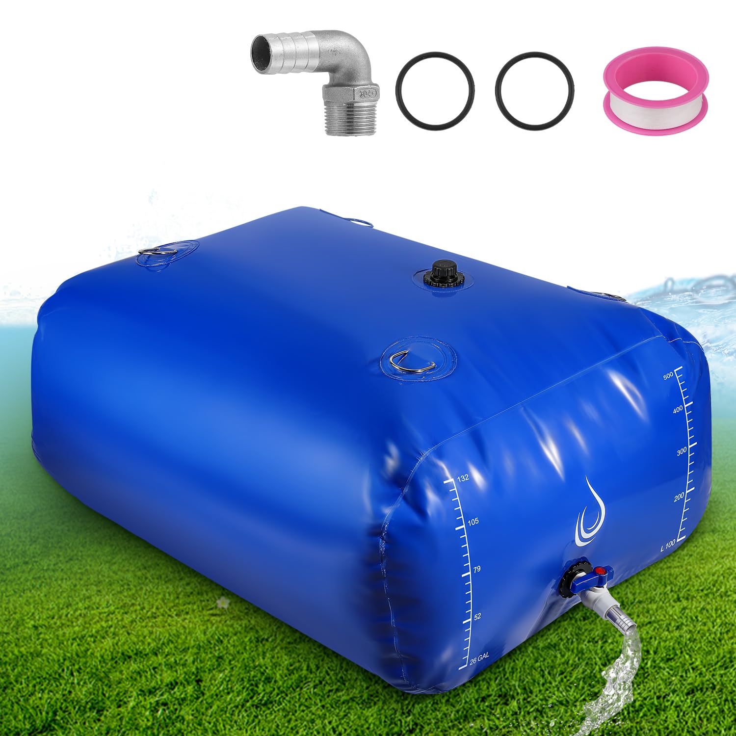 LANUEVA 158 Gal/600L Portable Water Storage Bladder, 1000D PVC Foldable Water Tank with Spigots and Overflow Kit, Water Storage Containers for Emergency Water, RV, Irrigation&amp;Camping (Blue, 600L)