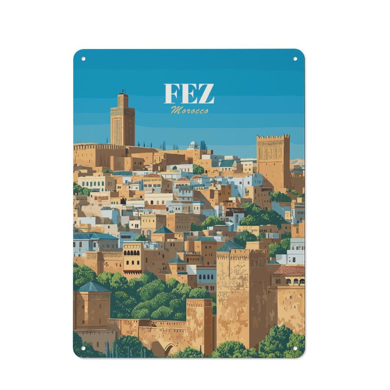 Junmoney Style-14 Fez, Morocco Cityscape Illustration(2) Rustic Tin Sign 40X30cm For Garden Room Or Summerhouse, For An Autumn Wall Display In Garden Room And Summerhouse