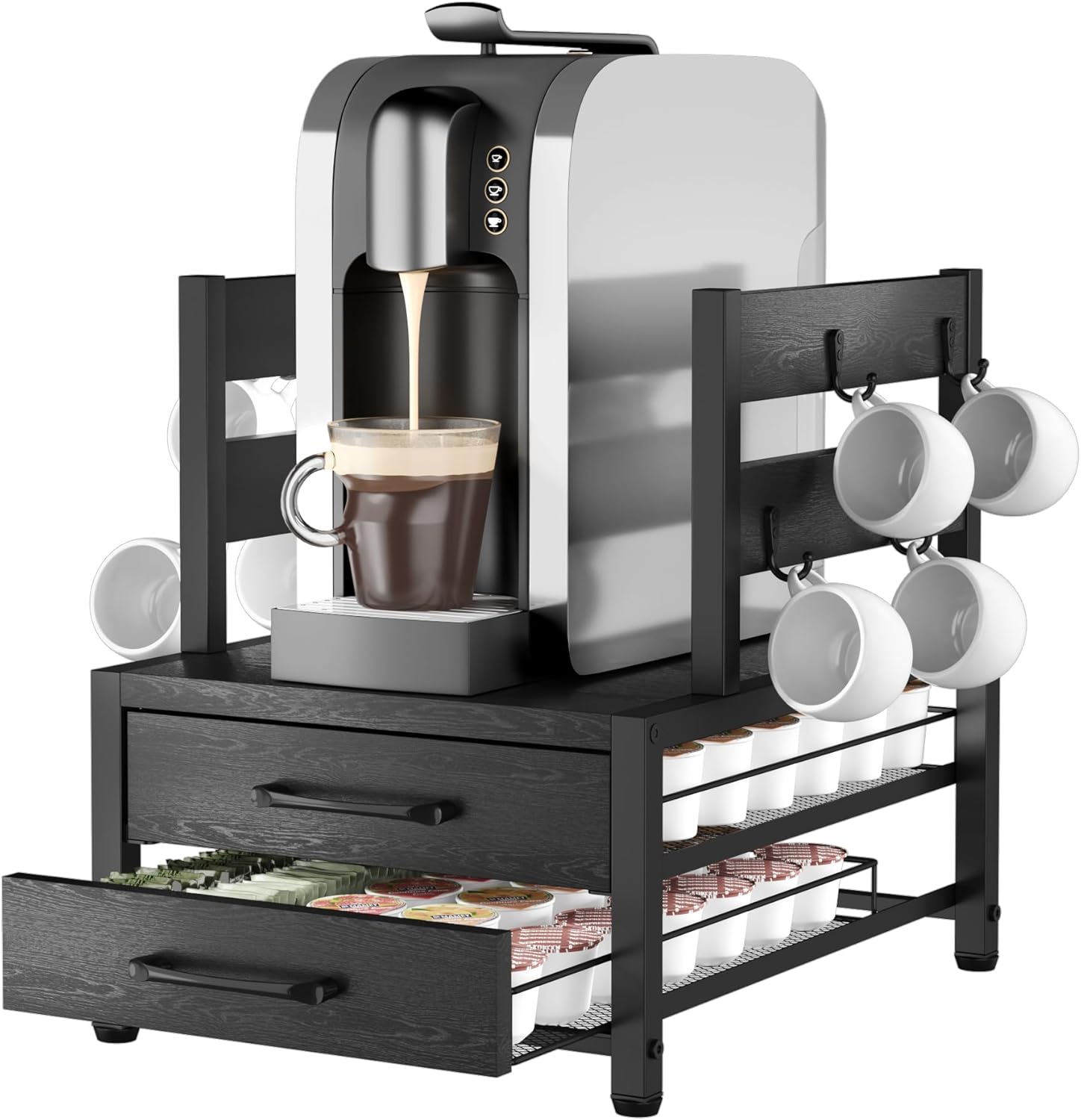 K Cup Holder Drawer - Coffee Pod Organizer for Counter, Sturdy k cups Storage Drawer with Mug Rack, Coffee Maker Stand, 70 Capacity Pods, Home Kitchen Counter Organizer, Black