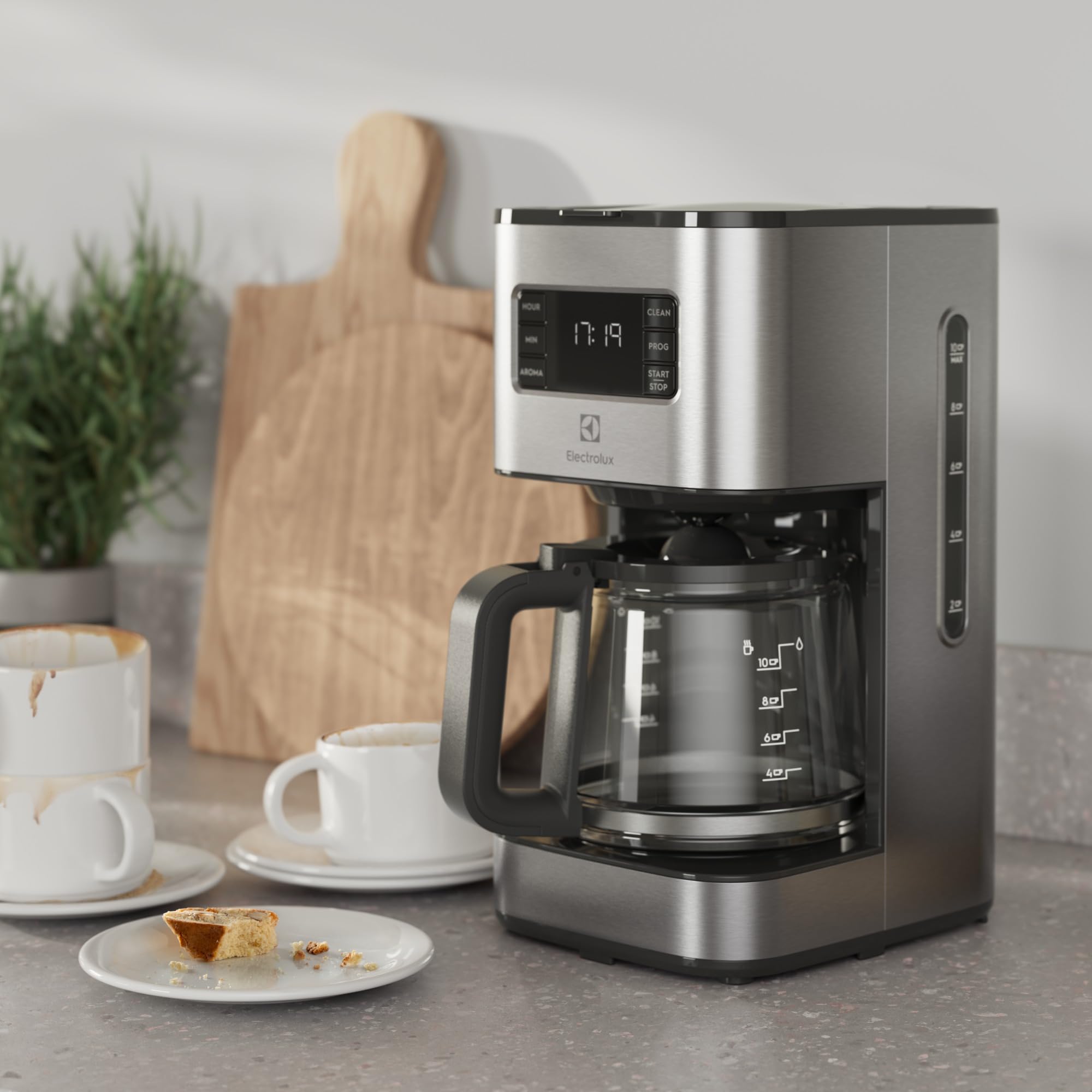 Electrolux Cafetière filtre Create 5 E5CM1-6ST, Sélection d'arômes et minuterie programmable, Puissance 1000 W, Verseuse isotherme 1,38 L, Arrêt automatique, Acier Inoxydable