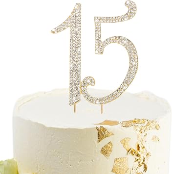 Gold 15th Birthday Cake Topper Rhinestones Cake Decorations for 15th Birthday Party