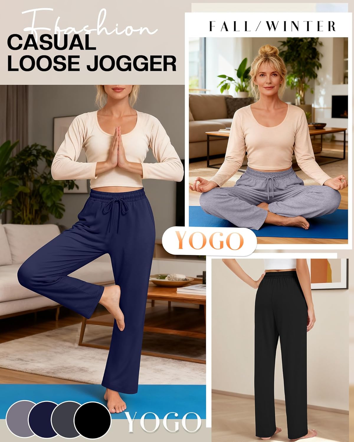 4 Pack Women's Yoga Lounge Pants Wide Leg Sweatpants Loose Jogging Pockets Drawstring Lightweight Pull on Pajamas - Image 3