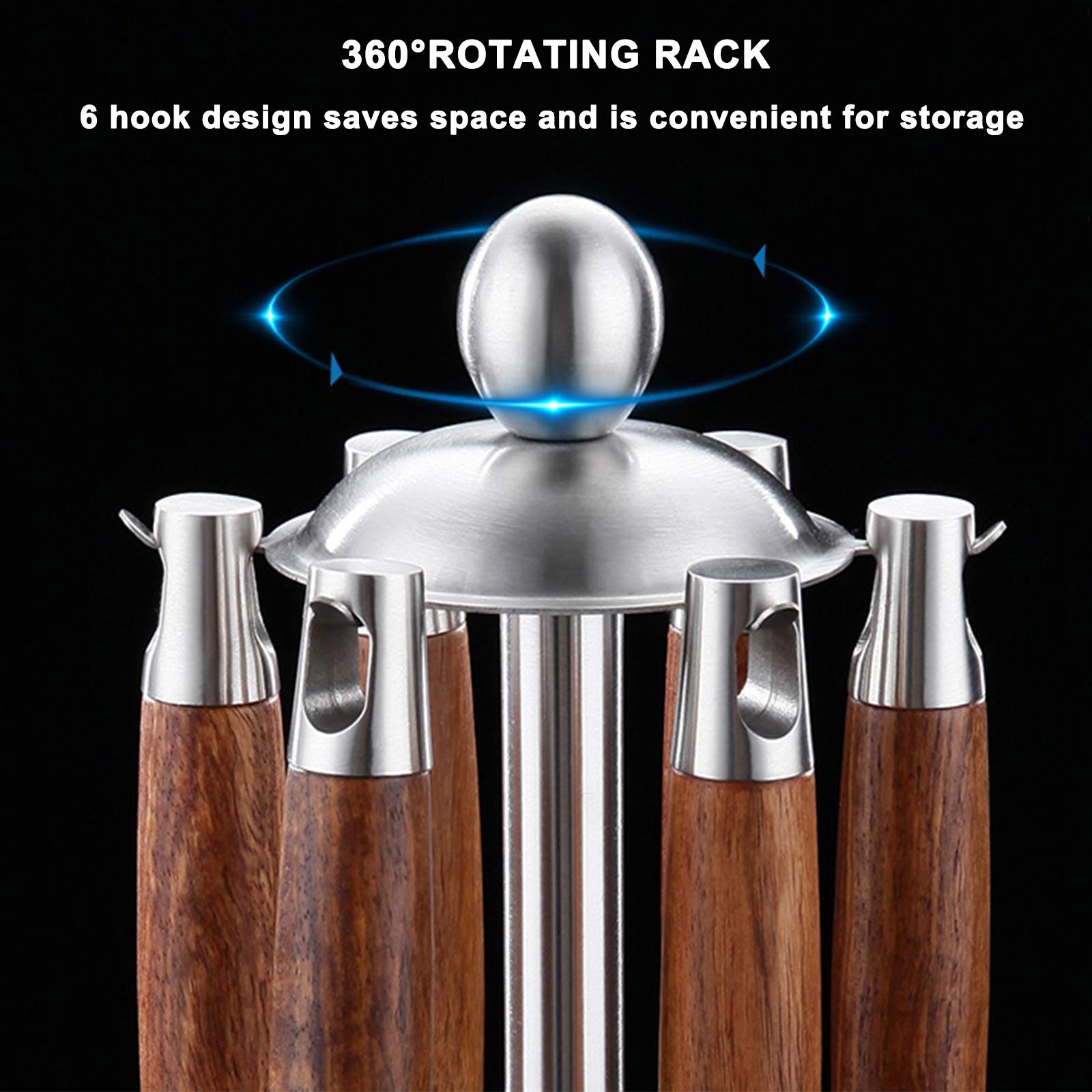 6Pcs 304 Edelstahl Küchenhelfer Set mit StäNder, Skimmer Schlitzlöffel, Servierlöffel, Schlitz Turner, Turner, Spaghetti Server, Suppenkelle, Hitzebeständiger Holzgriff