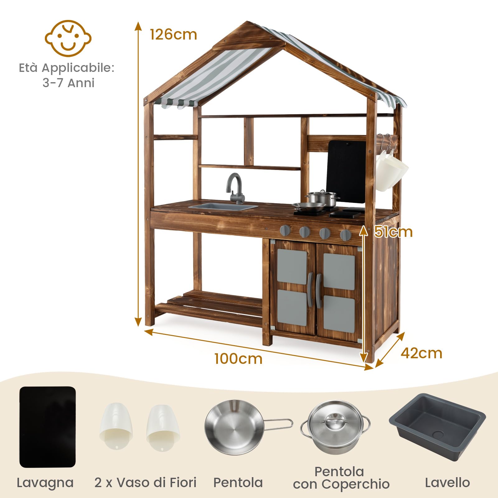 COSTWAY Set da Cucina per Bambini, Cucina da Giardino con Tettoia, Rubinetto Girevole e Lavello Rimovibile, Fornelli e Manopole Realistici, Lavagna, per Bambini 3-7 Anni