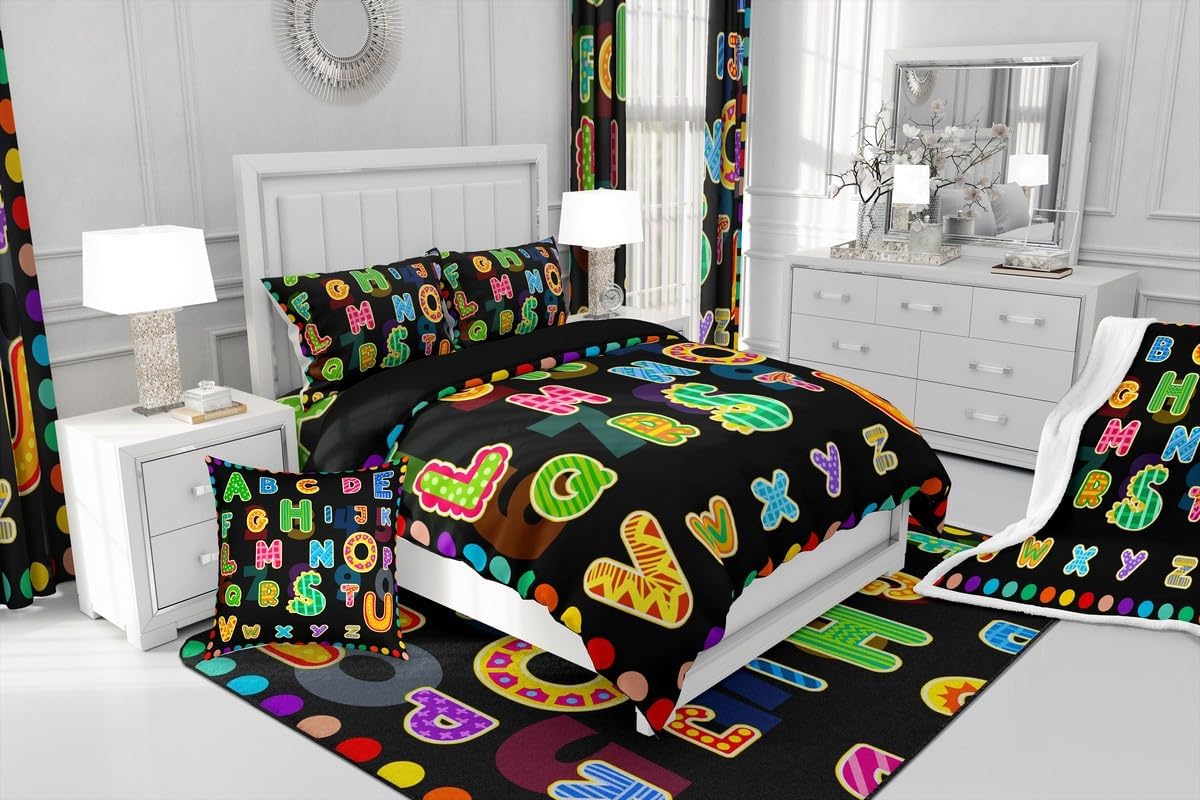 jejeloiu Alphabet Colorful Duvet Cover Kids Boys Girls,Toddler,Educational ABC Alphabet Bedding Set,Early Learning Comforter Cover,Monogrammed Bedspread Cover,Rainbow Dots,No Comforter