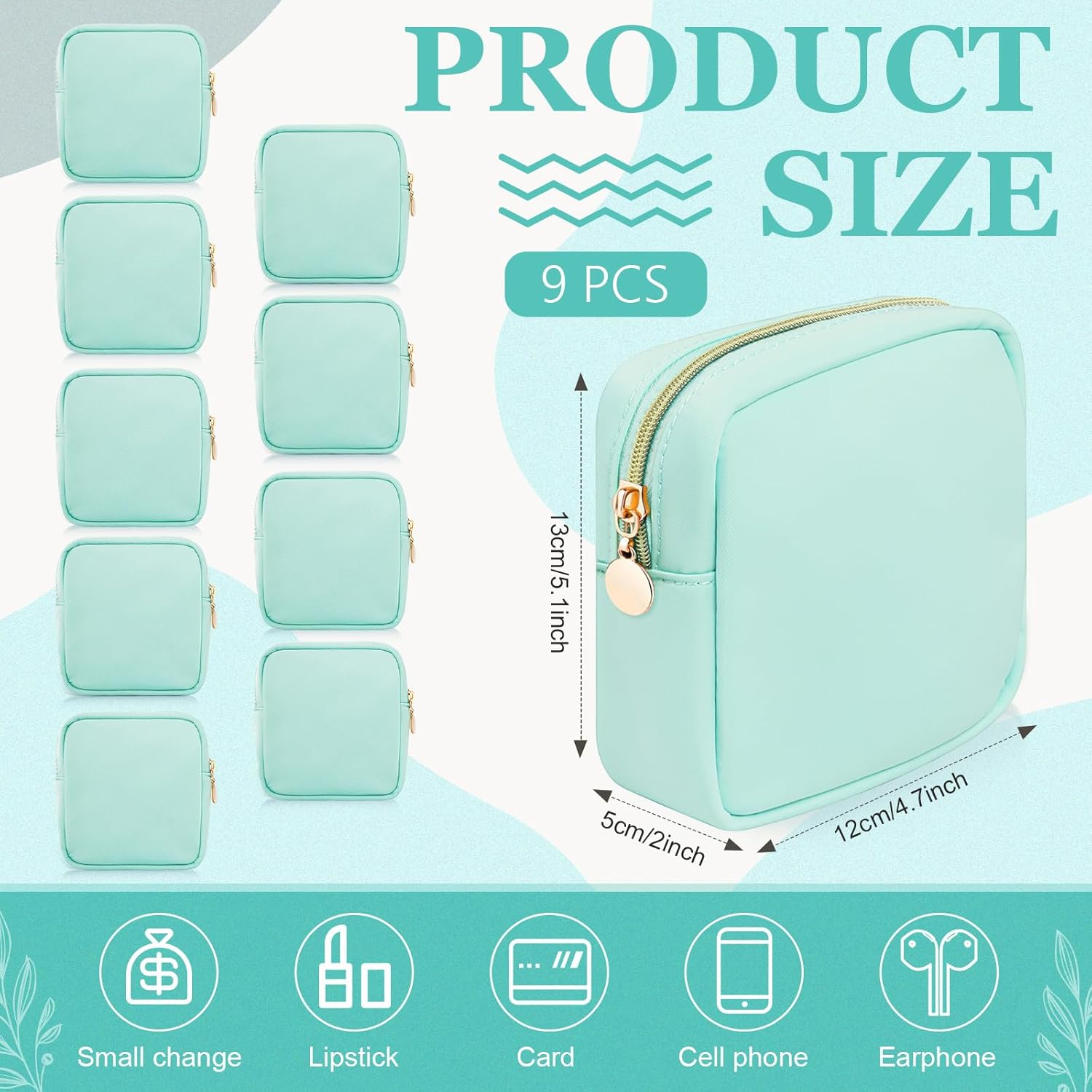 9 Pcs Mini Makeup Bags Bulk Nylon Cosmetic Bags for Purse Travel Bag Toiletry Organizer Pouches Bag for Women, Small Zipper Pouch Preppy Coin Purse for Custom Birthday Gifts (Light blue)