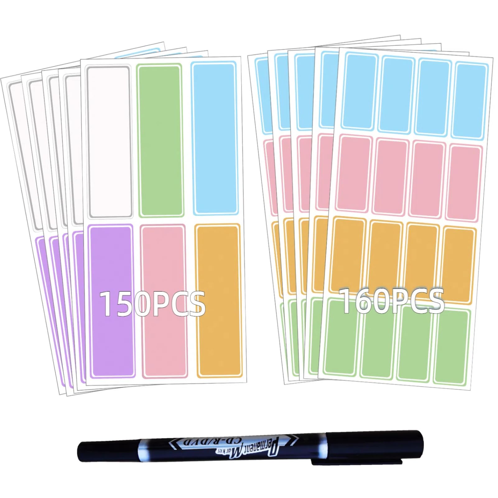 Assorted Colors Waterproof Removable Labels - 310PCS with Pen Adhesive Name Label Stickers for Water Bottles,Baby Daycare,Kids School Supplies,Home Office Organization