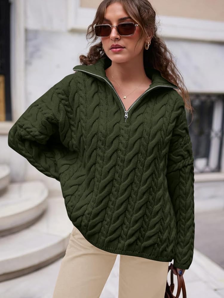 PRETTYGARDEN Women V Neck Quarter Zip Pullover Sweaters Chunky