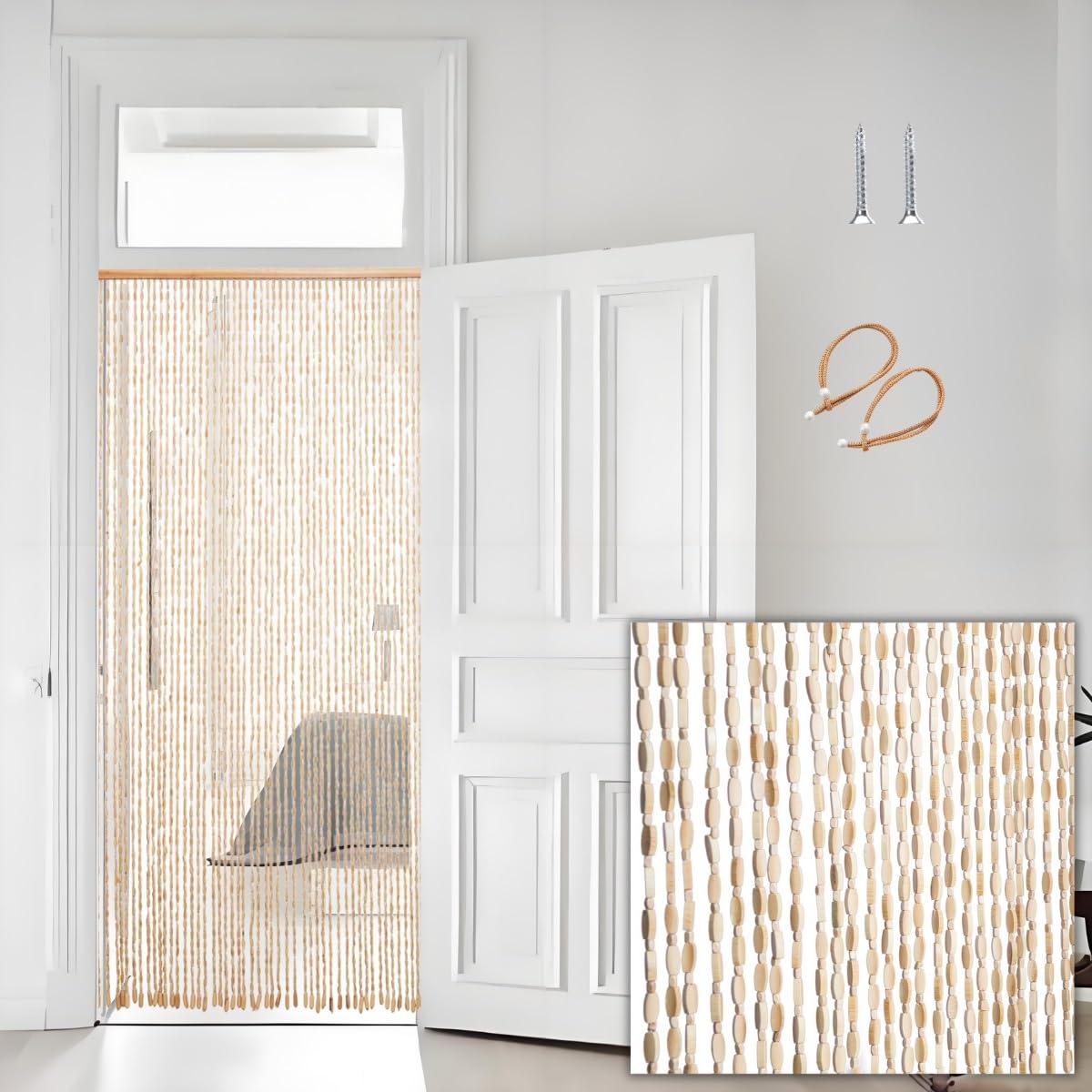 Bambusowa zasłona z koralikami, zasłona na drzwi, 60-120 cm, ochrona przed owadami, zasłona dekoracyjna (110 x 200 cm) - elegancka dekoracja domu, prywatność i styl