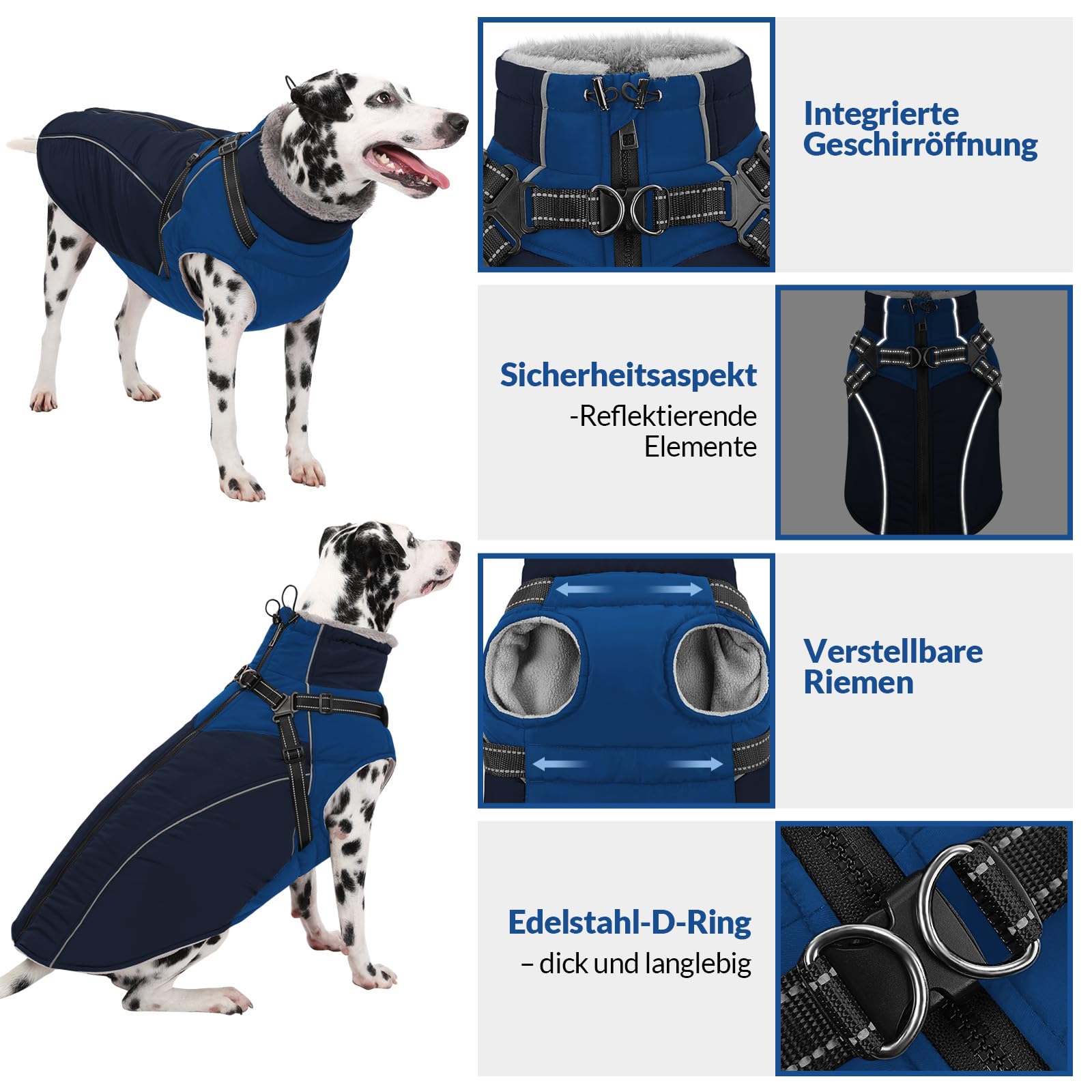 KONVINIT Hundemantel mit Geschirr für große Hunde wie Deutscher Schäferhund, Labrador, Wasserdichter Wintermantel mit Fleecefutter und Reflektoren