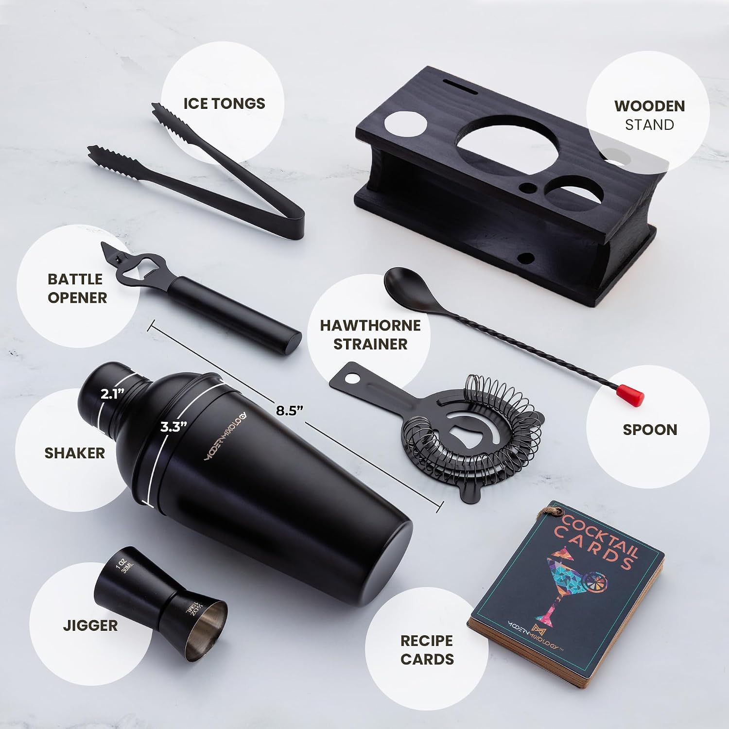 Modern Mixology Cocktail Shaker Set - Bartender Kit with Pine Stand | Leak-Proof Design | Includes Martini Shaker, Jigger, Strainer, Spoon, Tongs | Perfect Bar Tools Gift for Home Mixology (Black) image 2