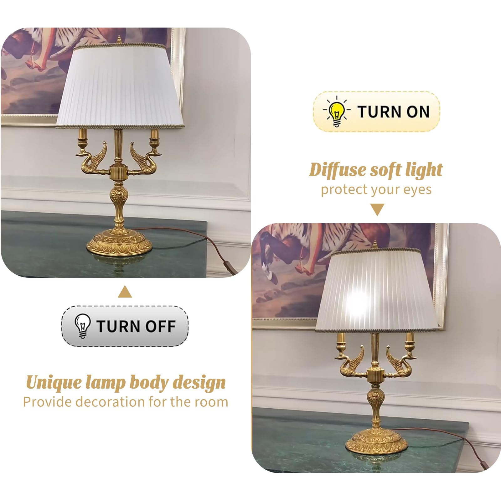 Lampa biurkowa w stylu francuskim, dwuramienna, w całości z miedzi, z żarówkami E14, ciepłe, miękkie światło do czytania, idealna na stolik nocny lub do gabinetu