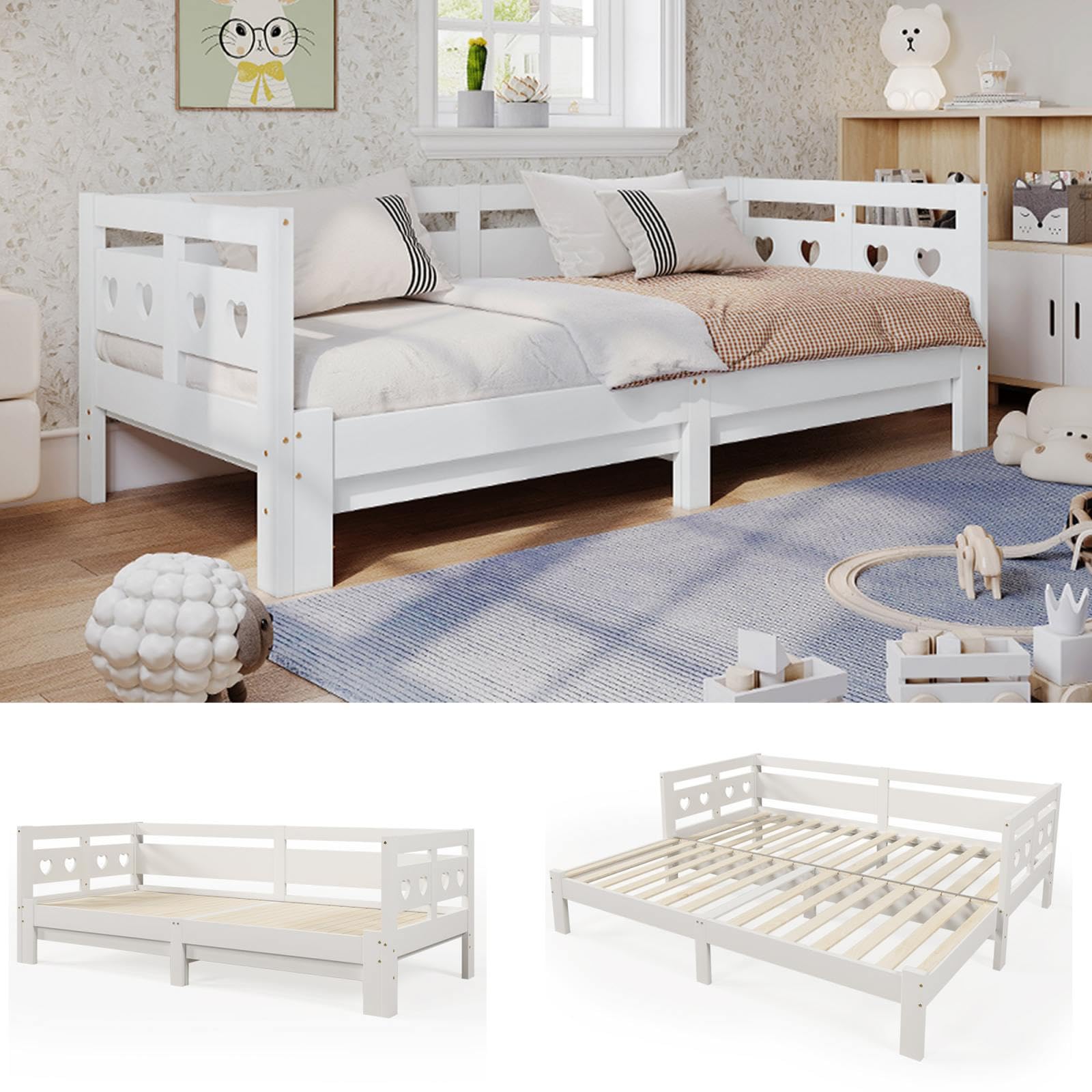 KOMHTOM Lit en Bois de Jour avec Clôture de Sécurité,Extensible Cadre de lit Sommier à Lattes en Bois, Chambres à Coucher(sans Matelas) (Blanc, 90-182x200CM)