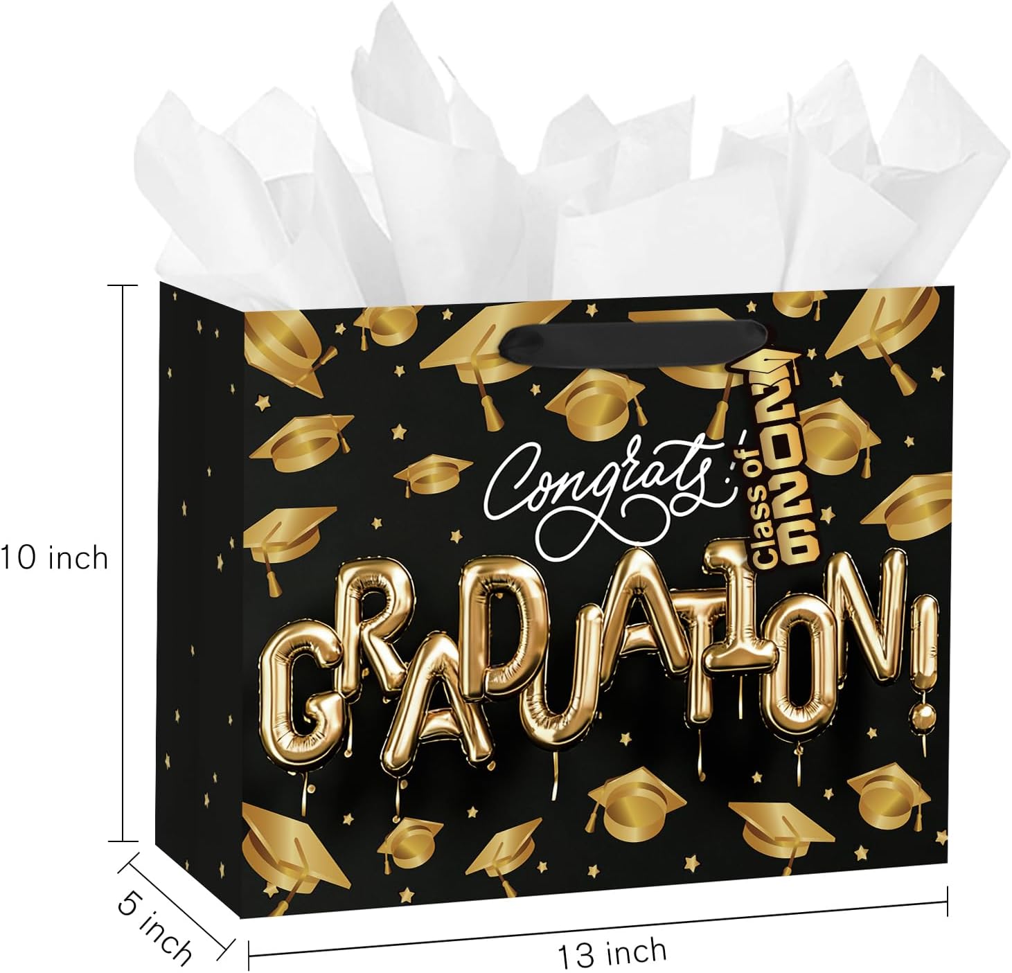 Loveinside 13" Large Graduation Gift Bag, Black Gold Congrats Graduation Balloon Letter Design Gift Bag with Tissue Paper, Elegant Party Bag for High School College Graduates, 13" x 5" x 10", 1 Pcs - Image 2