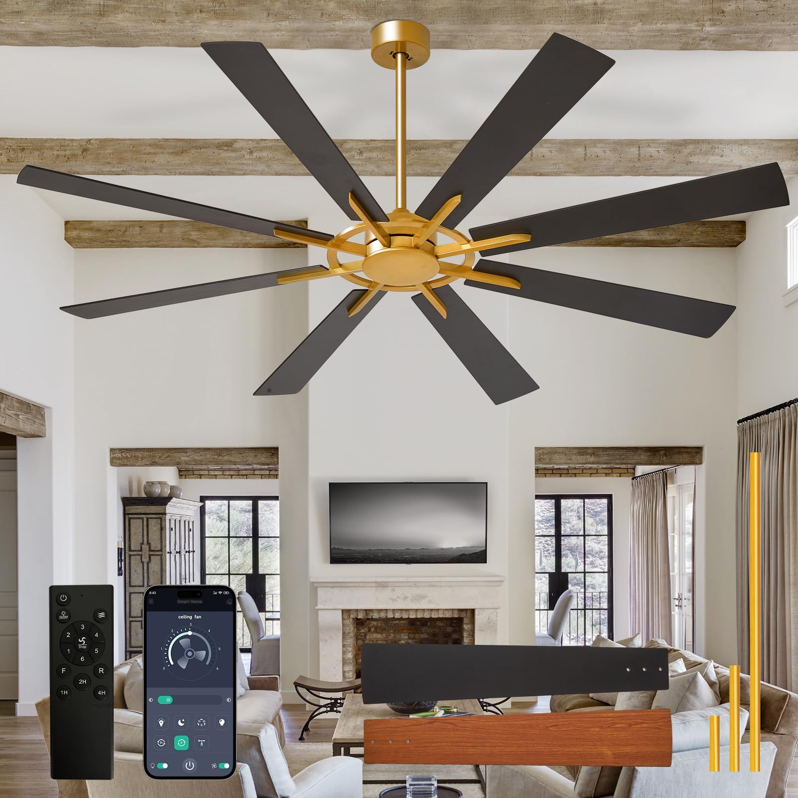 Depuley Ceiling Fan without Lighting: 72 Inch Large Indoor and Outdoor Fan with Remote Control and App Control - Bronze/Black Large Ceiling Fan without Lighting