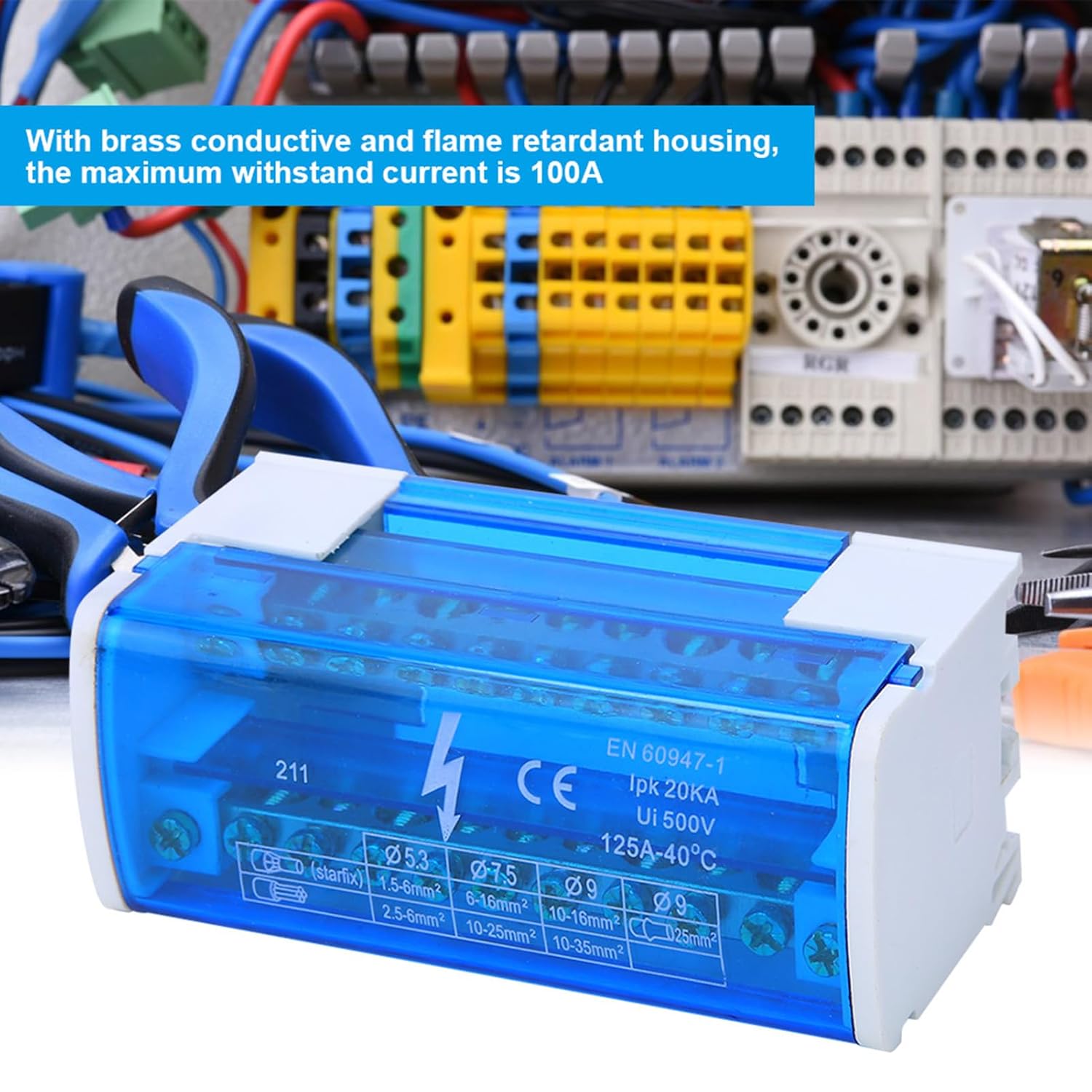 Terminal Distribution Box 2-Level Single Phase Screw Terminal Blocks for Din Rail 125A 500V 2 Input 20 Output Brass Conductive Flame Retardant Housing 3.9x1.8x2 Inch