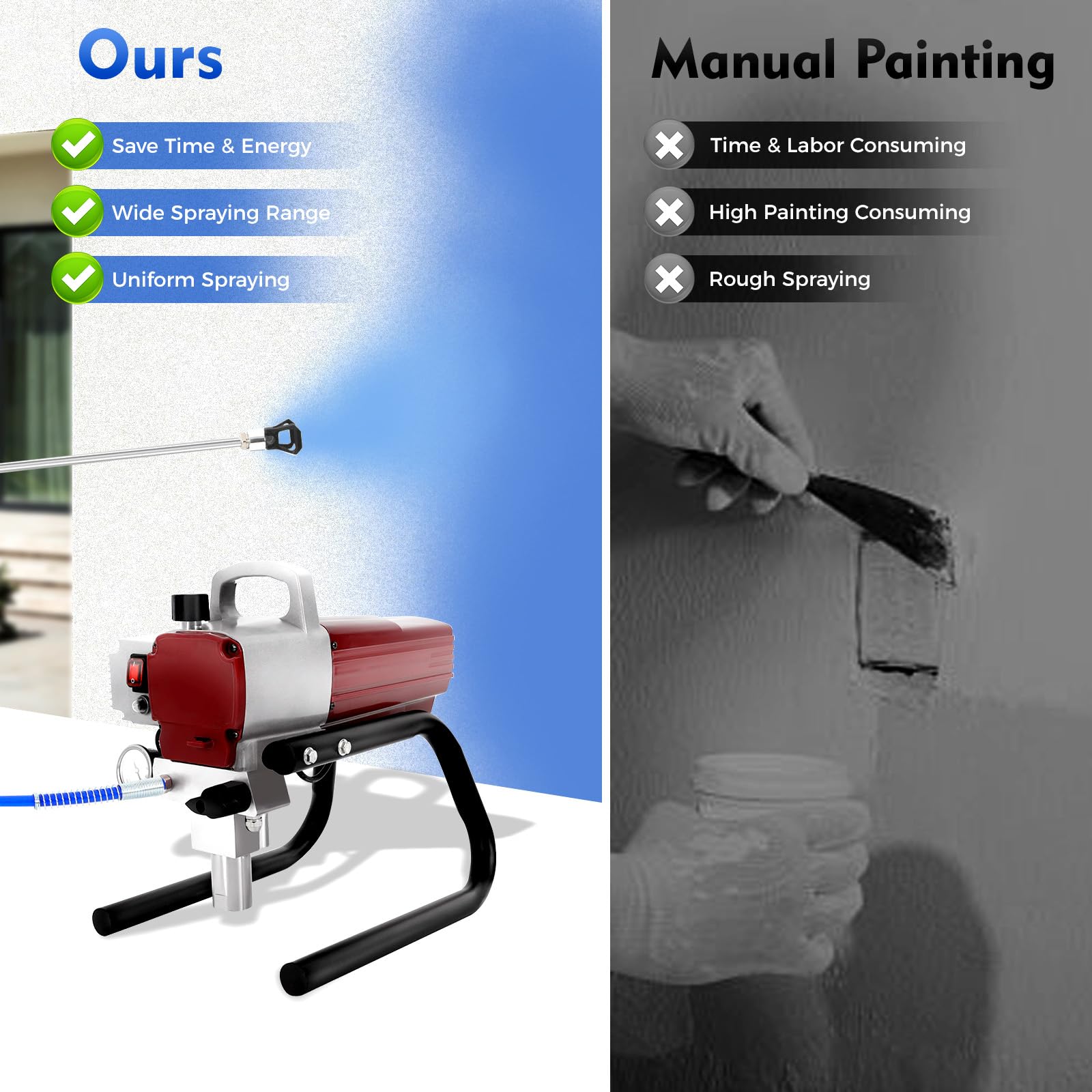 Pulverizador de pintura sin aire 1800 W, color rojo, 1,8 l/min, tubo 10 m, ancho 250 mm, regulador de presión, antifugas, ahorro de pintura, ideal edificio residencial comercial