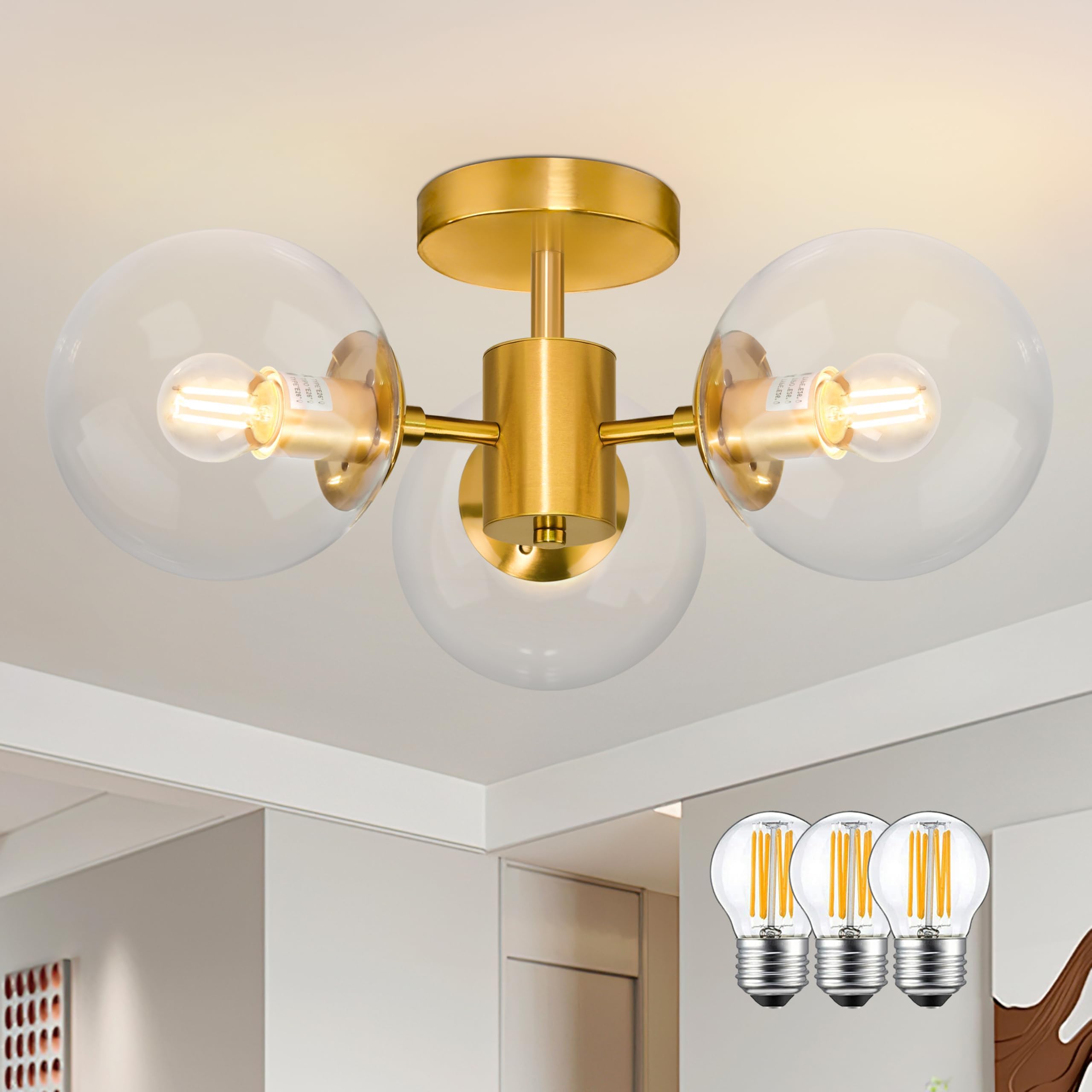 3-Light Semi Flush Mount Ceiling Light, Gold, Clear Globe Glass Shades, Mid Century Modern, 19 Inch, Includes G45 E26 Warm White Bulbs-image-5