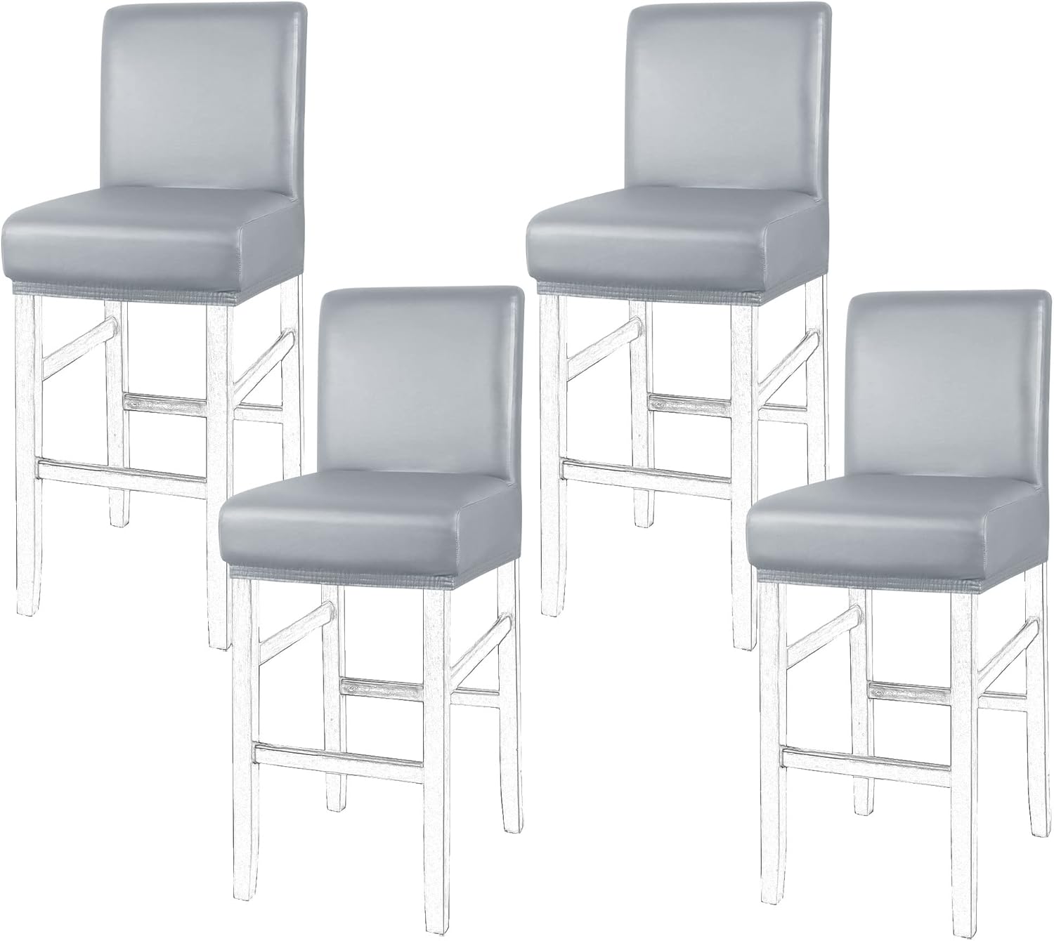 PiccoCasa Waterproof Bar Stool Covers, Faux Leather Pub Counter Height Side Chair Covers with Elastic Band Silver Gray 4Pcs
