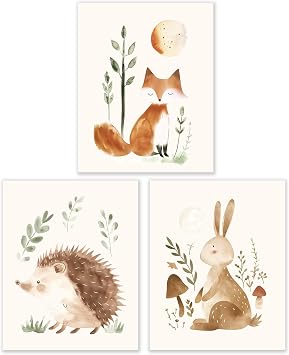 BESERH Woodland Animals Nursery Decor, Wild Animals Forest nursery wall art Hedgehog Fox Hare, Posters Wall Decor for Nursery Boys Girls Room, Framed Set 3, 8x10 Inches Unframed