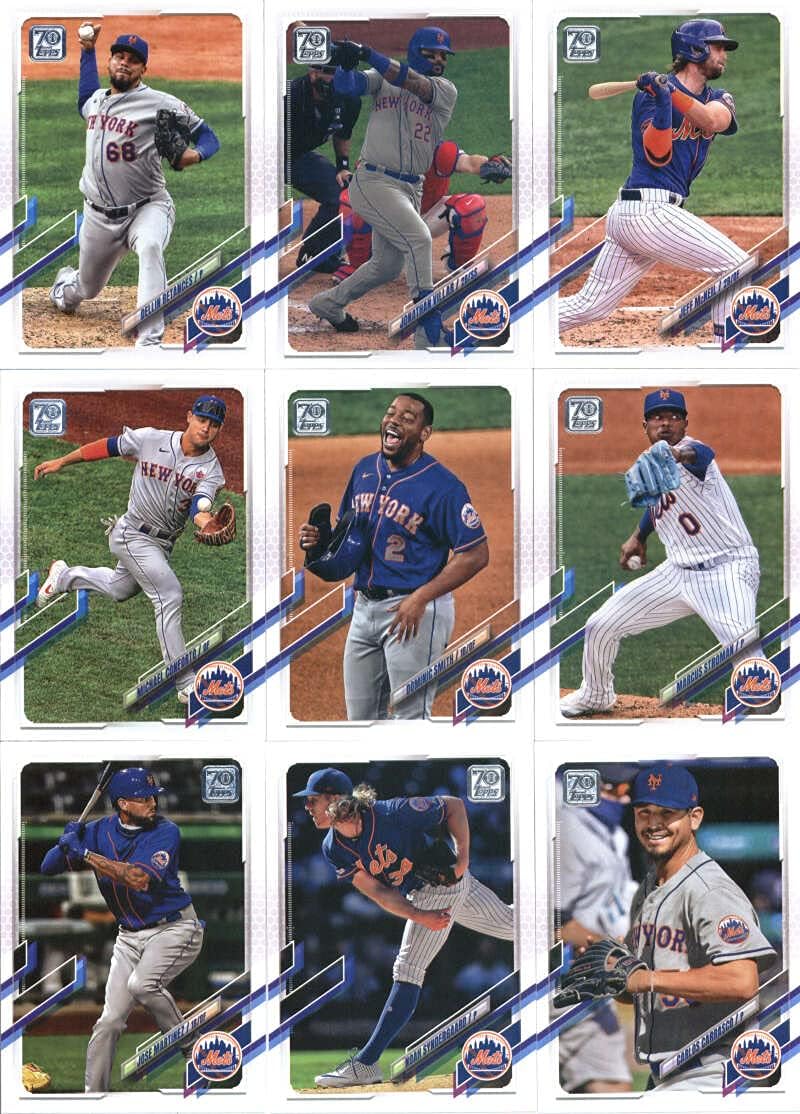 2021 Topps Complete (Series 1 & 2) New York Mets Team Set of 24 Cards: Andres Gimenez(#53), Steven Matz(#56), David Peterson(#78), Pete Alonso(#84), Brandon Nimmo(#106), Wilson Ramos(#127), Seth Lugo(#155), J.D. Davis(#163), Jacob deGrom(#170), Amed Rosario(#185), Jacob deGrom(#200), Get Up(#210), Dellin Betances(#385), James McCann(#410), Jonathan Villar(#479), Jeff McNeil(#489), Edwin Diaz(#498), Michael Conforto(#517), Dominic Smith(#546), plus more