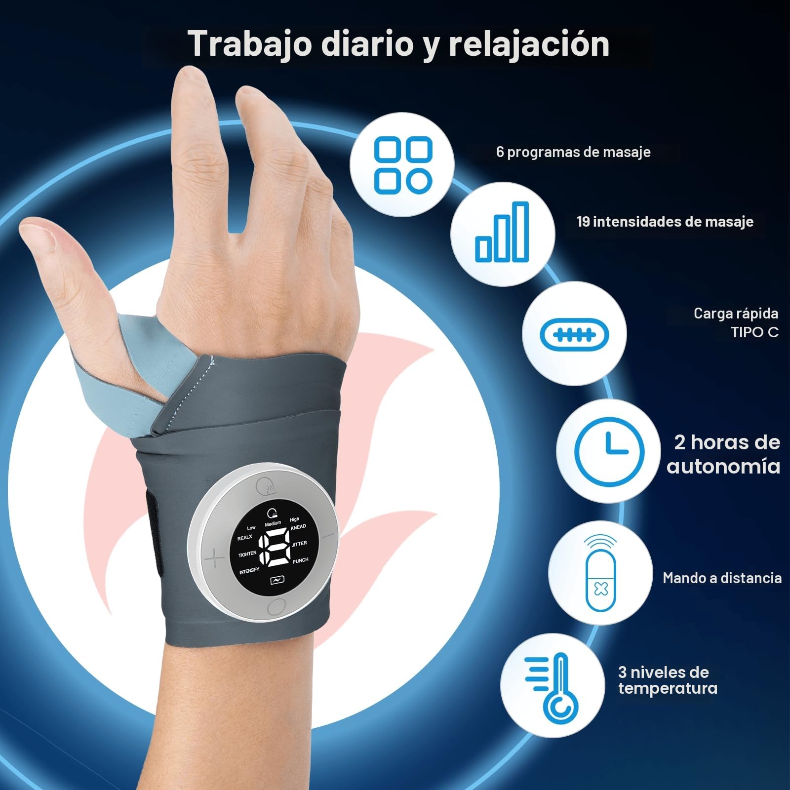 Masajeador de Muñeca EMS, Masajeador de Manos Inalámbrico con Calor, 6 Modos/19 Intensidades, Soporte de Muñeca para Tendinitis y Síndrome del Túnel Carpiano, Vendajes de Izquierdo/Derecho