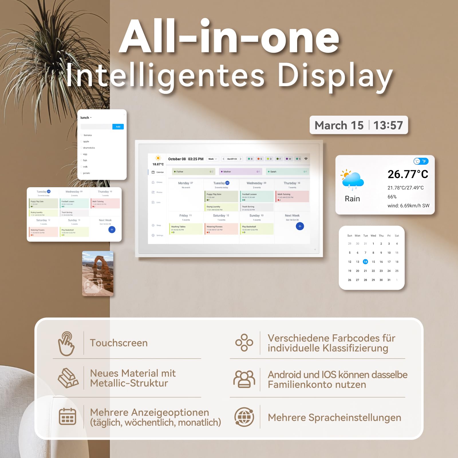 Calendario digitale, calendario elettronico da parete da 15,6 pollici con foto di condivisione video, piani di eventi familiari intelligenti, planner digitale da parete con supporto da tavolo