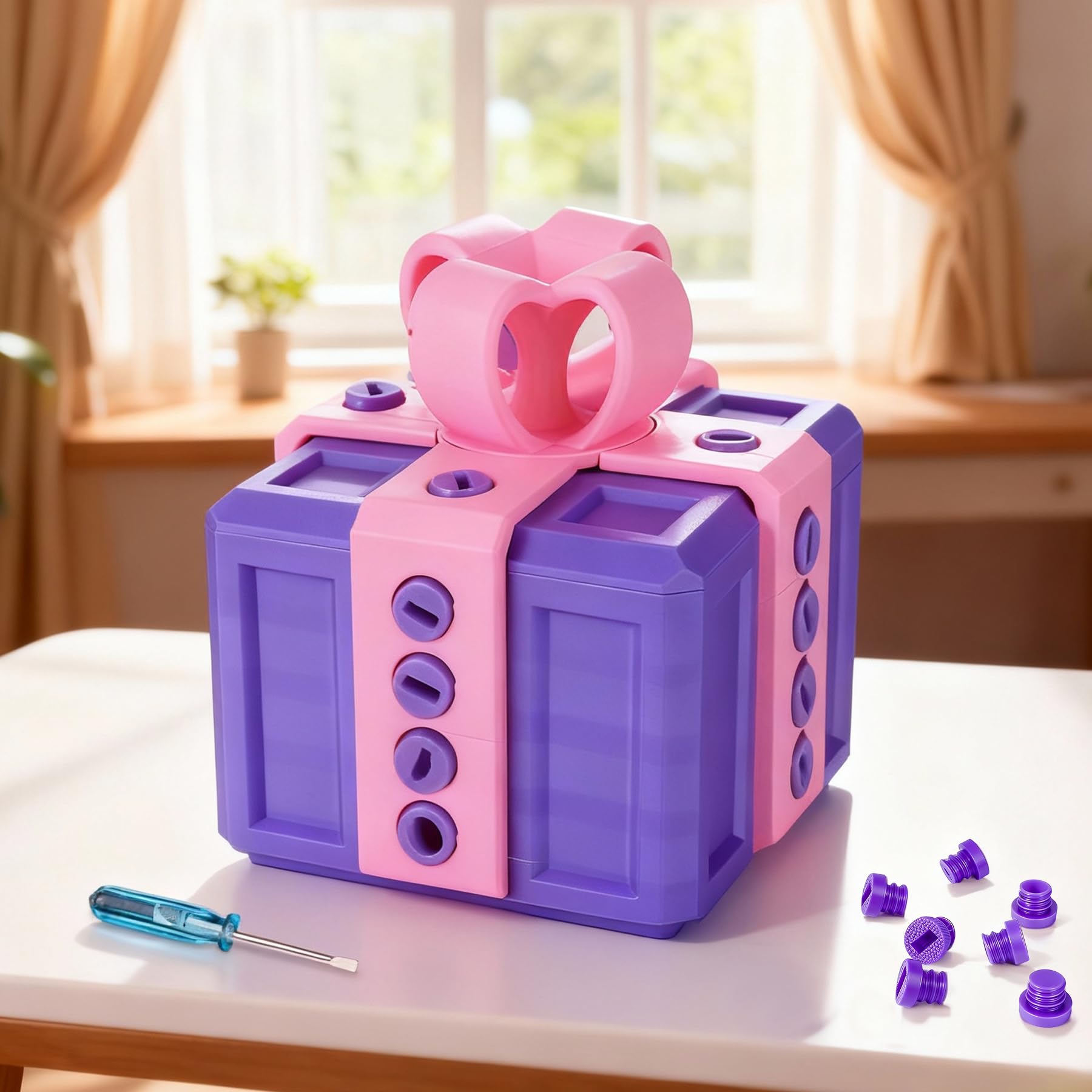 Annoying Gift Box, 3.14in Prank Gift Box, 3D Printed Gift Box with Screws, Surprise Funny Money Present Box for Kids, Novelty Gift Boxes for Birthday Valentines Party Favors (Pink Purple)