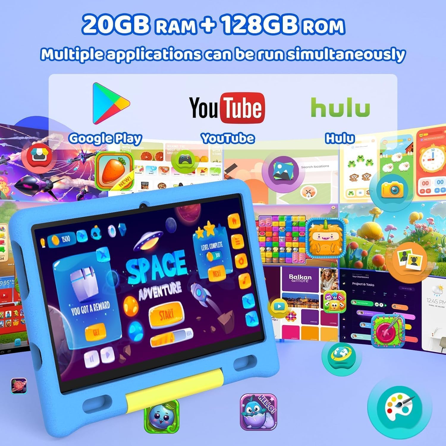 Ainmel 10 inch Kids Tablet with Case, Android 15 Tablet for Kids Ages 3-12 Years, 20GB+128GB(1TB TF Expand), Octa-Core Processor, Parental Controls, WiFi 6, BT5.3,Preloaded Edu Apps (Blue) — view 3