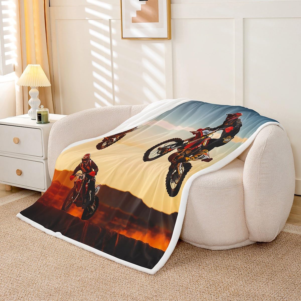 Feelyou Boys Motocross Rider Plush Throw Blanket for Sofa Couch Extreme Sports Theme Sherpa Blanket Motorcycle Pattern Fleece Cool Dirt Bike Fuzzy Room Decor 50"x60"