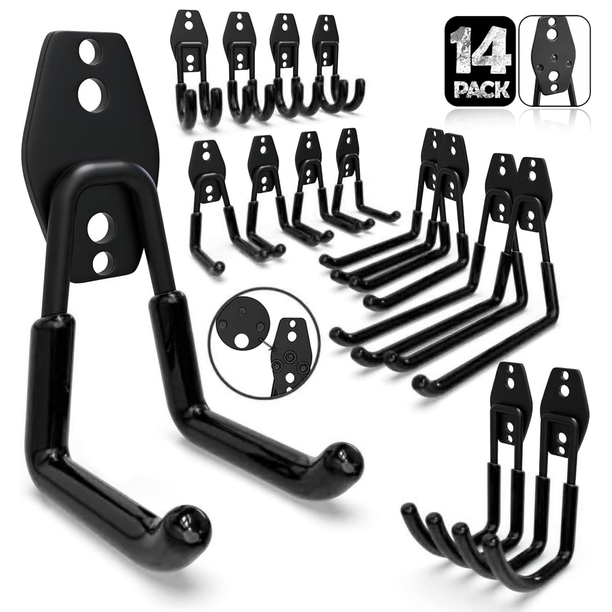 3-H Crochet Mural Garage 14pcs, Porte Outils Mural pour Rangement Atelier Jardin, Crochet Muraux en Acier Robuste avec 3 Points de Soudure pour Êchelle,Vélo,Tuyaux,Outil électrique,Noir