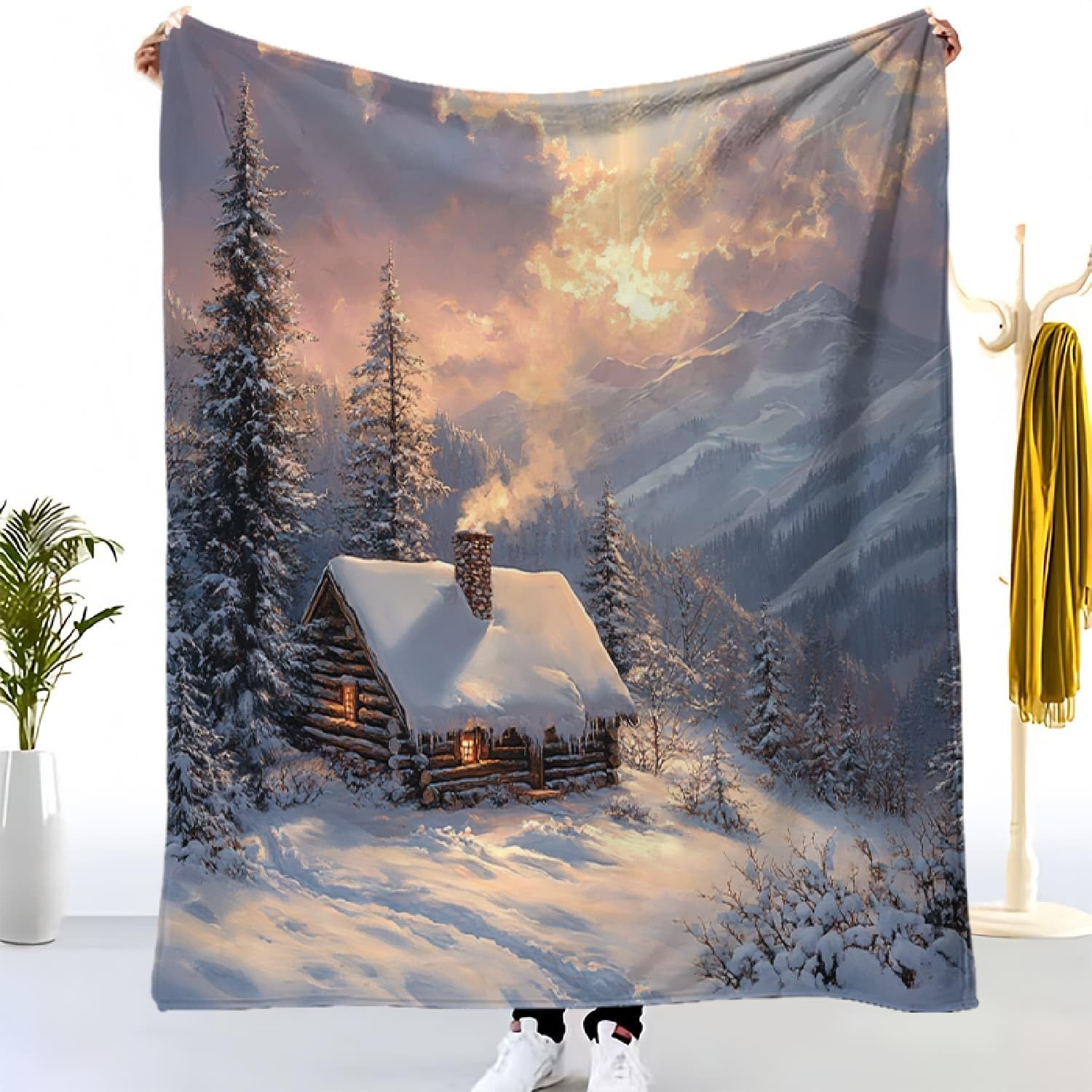 Paysage de Chalet de Montagne Enneigé Plaid Couverture Polaire Flanelle Jeté de Canapé 180x220 cm, Champ de Neige Blanche Couverture Plaid Doux en Peluche pour 2 Personnes Lit, Canapé, Camping
