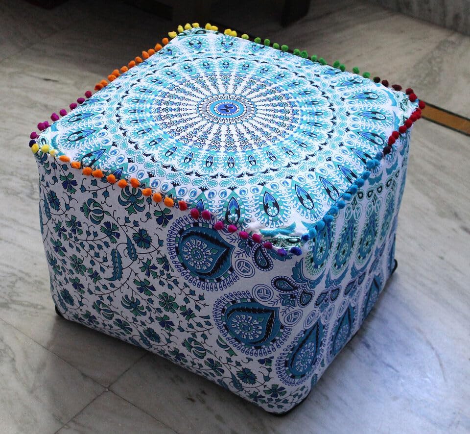 Indian Handmade Mandala | Square Ottoman Pouf Cover | Footstool Seating (White Blue Peacock Mandala, 22x22x14)