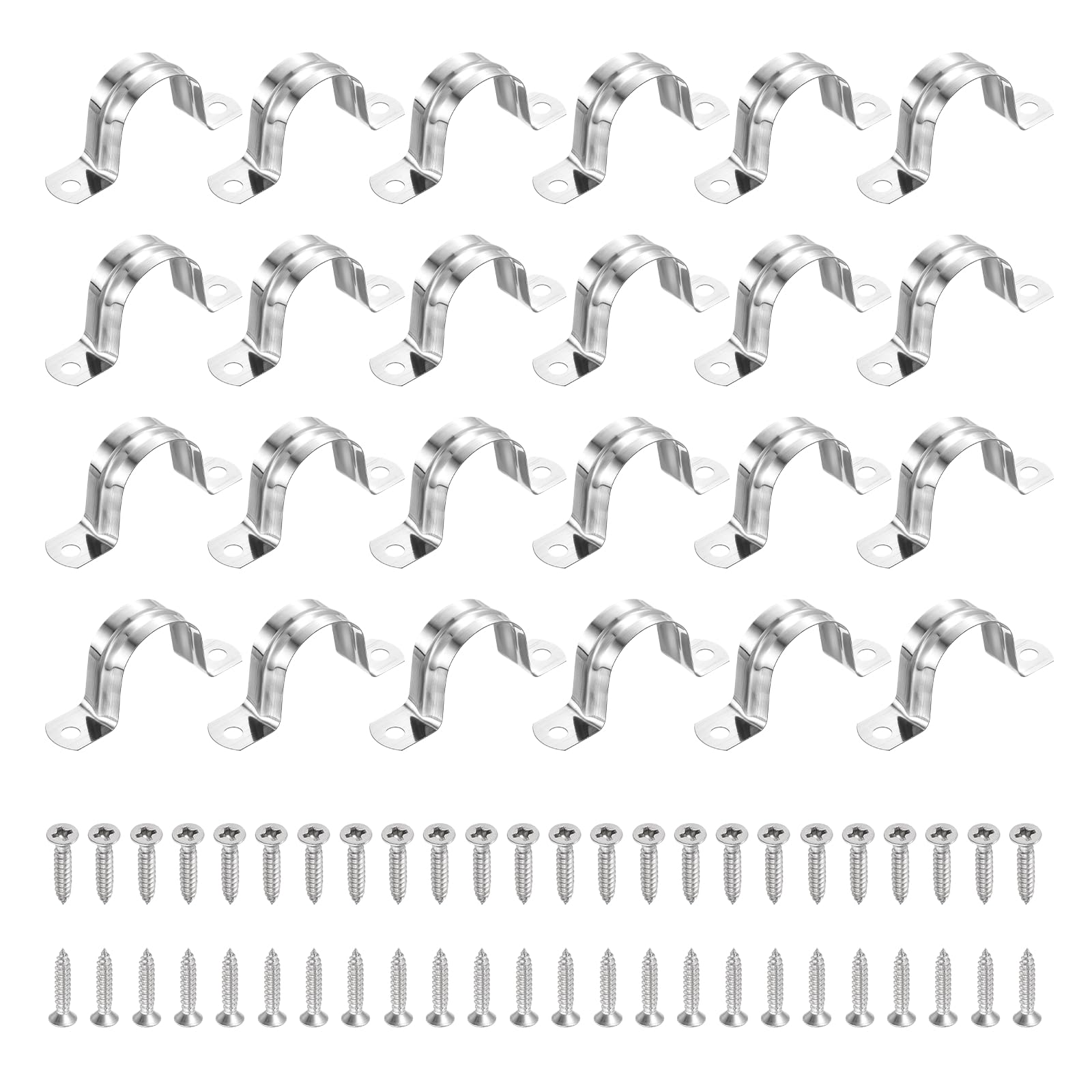 sourcing map 24Pcs 30mm(1-3/16") 304 Stainless Steel Rigid Pipe Strap, Two Hole Strap U Bracket Heavy Duty Pipe Conduit Clamp with Self-Tapping Screws for Hose Wire Cord Installation, Silver โ image 1