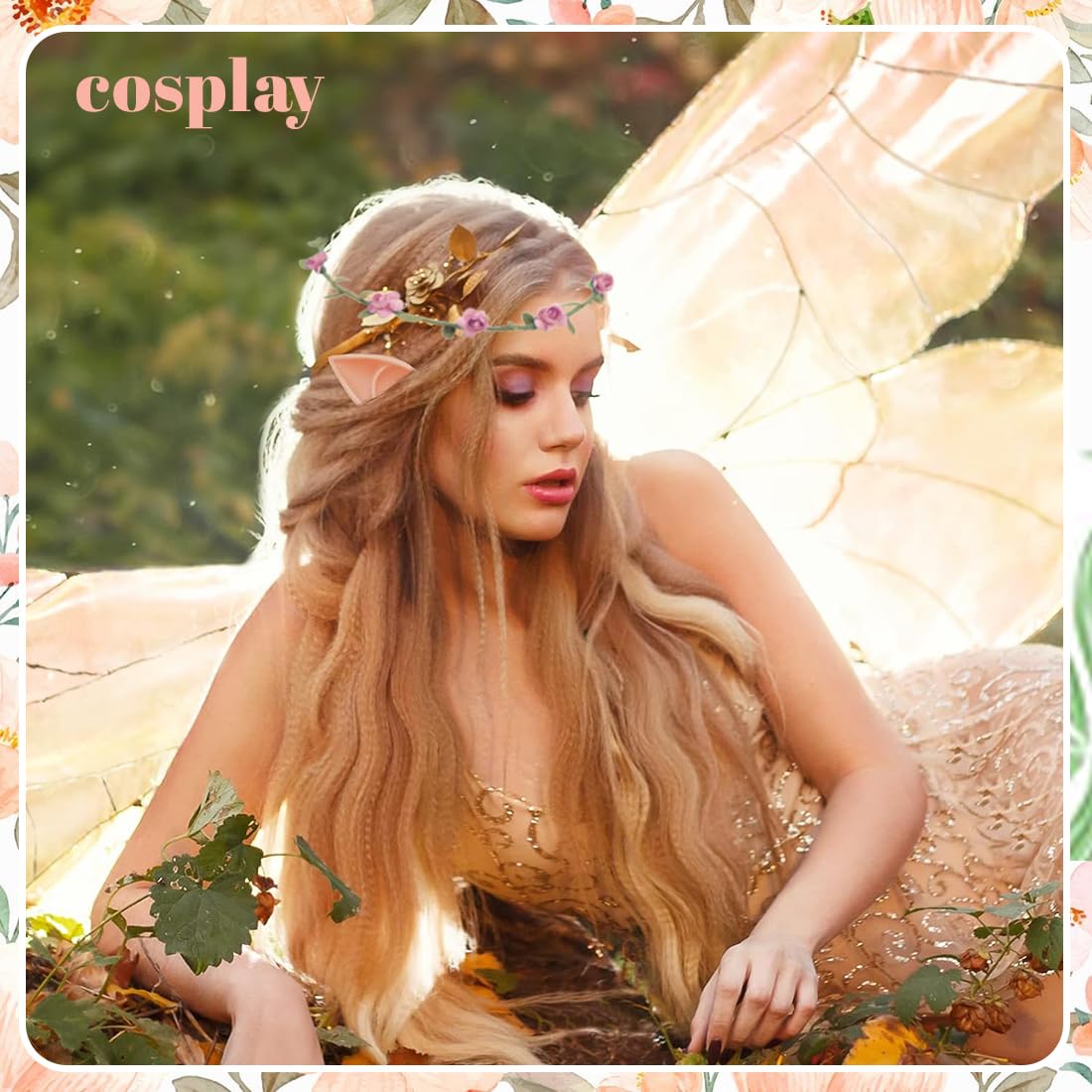 Uszy Elfów, 8 szt. Uszy wróżki ucha Elfa, Uszy Elf Cosplay Uszy Chochlik, z 1 koroną kwiatów, do Cosplay Halloween Karnawał Maskowy