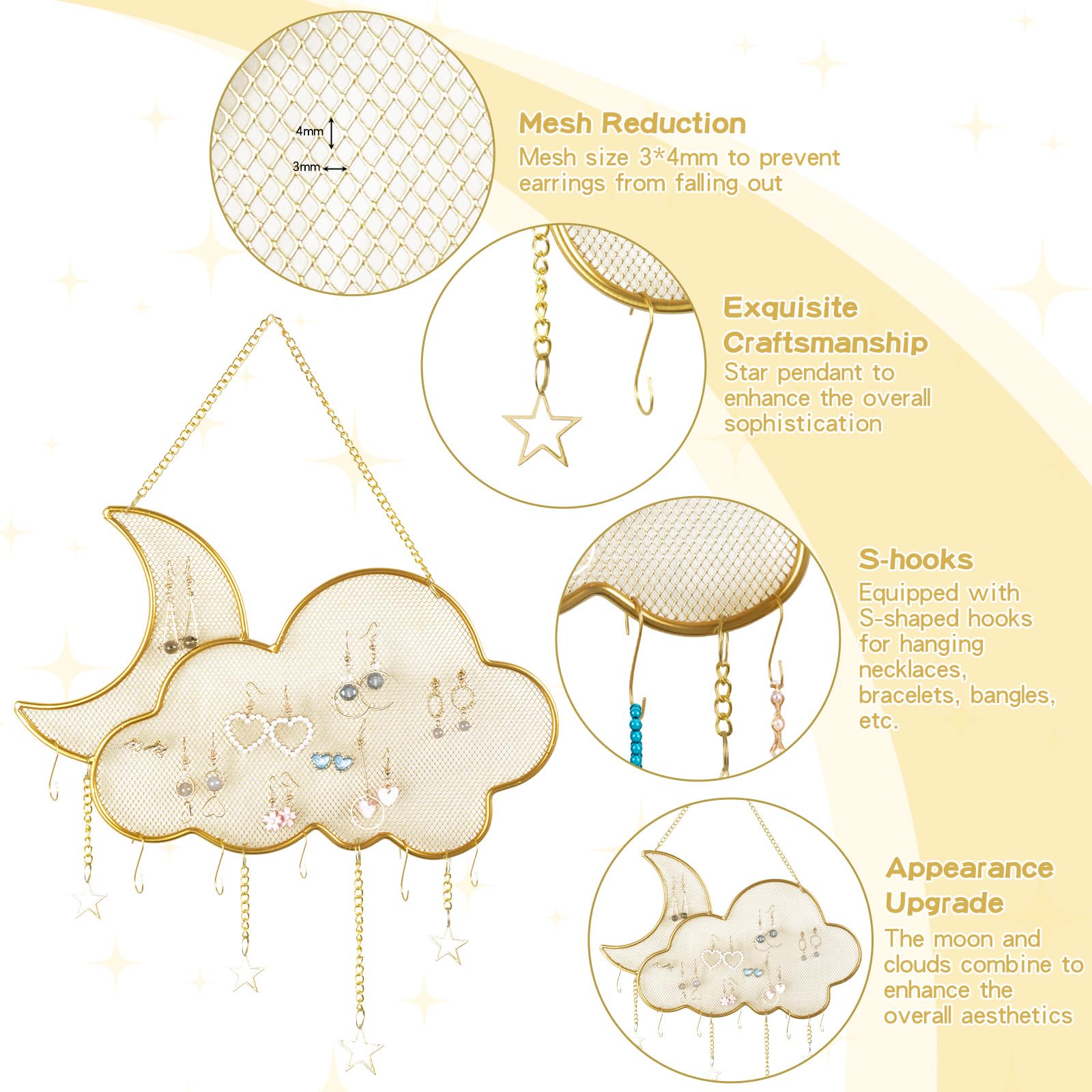Organiseur Bijoux Suspendu SHILIPAIJC – Présentoir Mural Métal Lune & Nuage – Pour Boucles D'Oreilles, Colliers – Cadeau Fille Femme