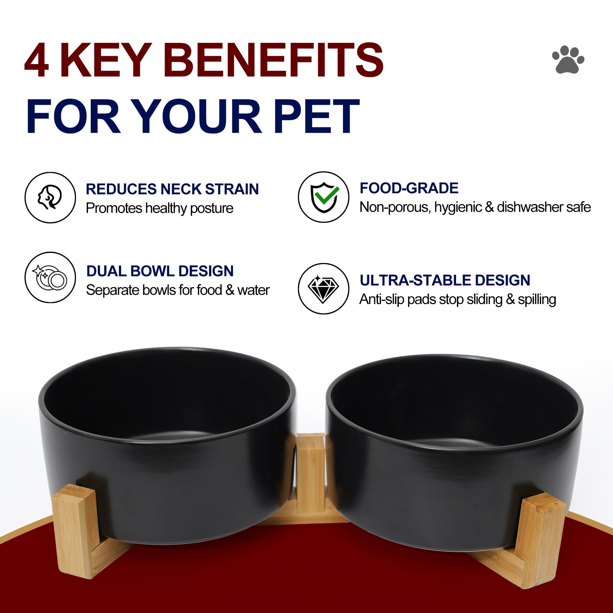 Ceramic Dog Water Bowl, 13.5 oz No Spill Water and Food Bowls for Dogs, Modern Design Dishes for Puppy & Cat, Pet Feeding Station with Weighted Base, Black