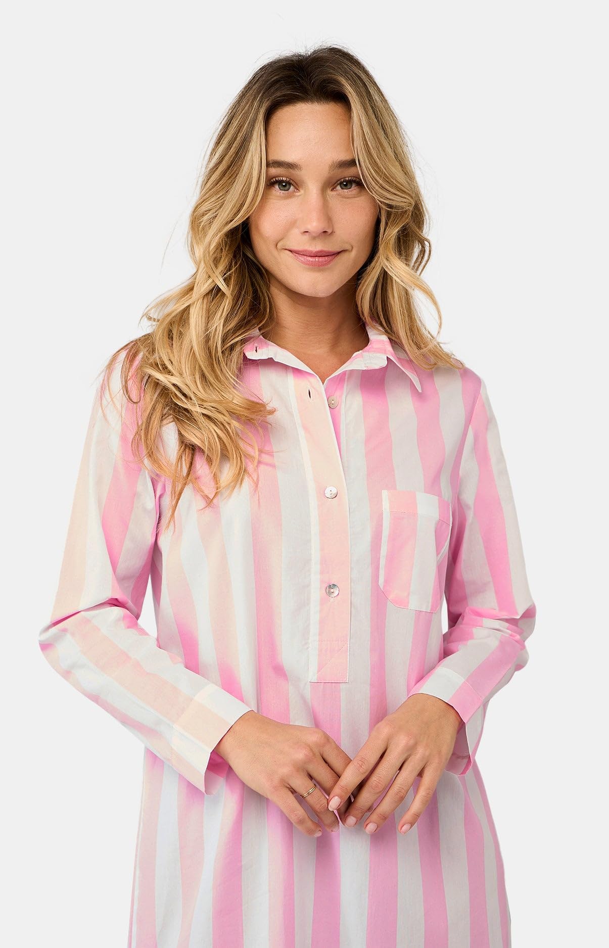 ARTHUR - Liquette Donna a righe Louise - Camicia da notte da donna - Collo tunisino e maniche lunghe - 100% Popelin di cotone - Rosa - Dimensione 2, Rosa, 2