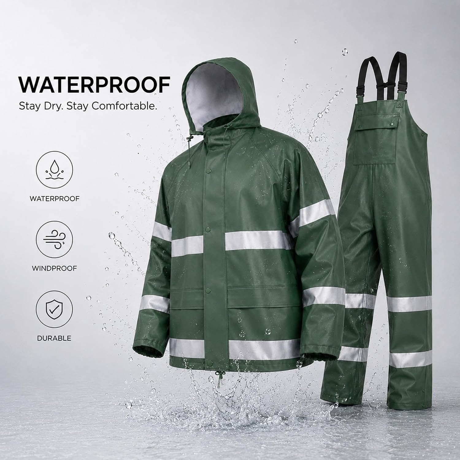 Men PU Waterproof Rain Suit Rain Gear Hooded Jacket Bib Pants Set