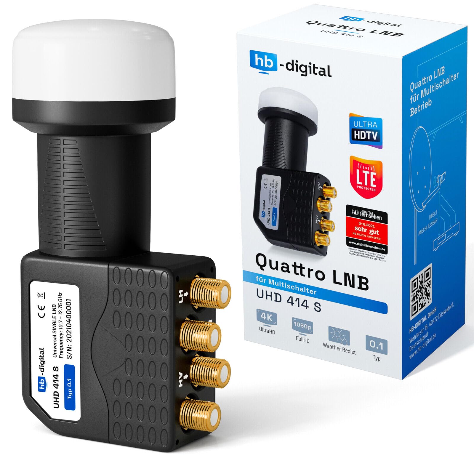 UHD Quattro LNB + Multiswitch pmse HB-DIGITAL per Full HDTV 3D 4K UHD con alimentatore di rete + spina F dorata