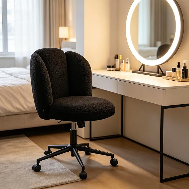 Furniliving chaise de bureau sans bras, Chaise Vanité rembourrée avec dos, Chaise de travail confortable pour chambre, Dressing Room, Bureau à la maison, Noir