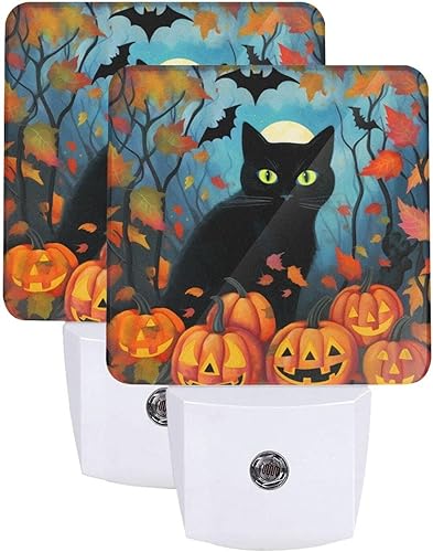 Juego de 2 luces nocturnas enchufables para Halloween, calabaza, otoño, hojas, LED, sensor de movimiento, lámpara para dormitorio, cocina, pasillo,