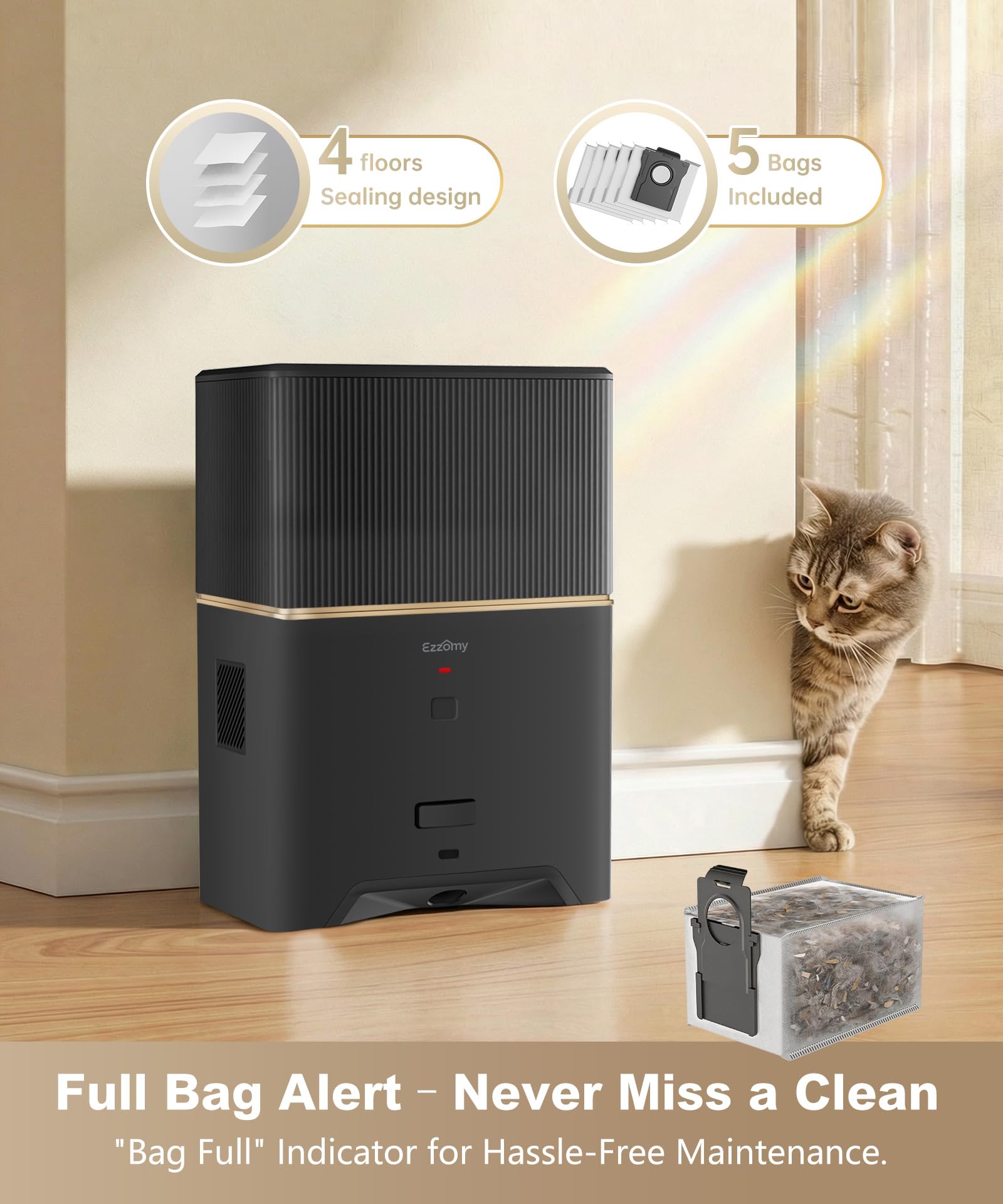 Touchless Vacuum Automatic Dustpan, Bagged Design with Replaceable Dust Bags, Up to 3-Month No Cleaning, 26,000Pa Powerful Suction, One-Touch Auto & Manual Mode for Pet Hair Kitchen & Salon - 5