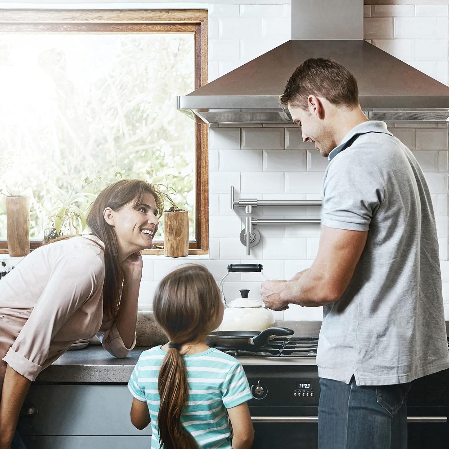 WOWOW Pot Filler Faucet Brushed Nickel, Brass Pot Filler Wall Mount Kitchen Stove Faucet with Double Joint Swing Arms - Image 2