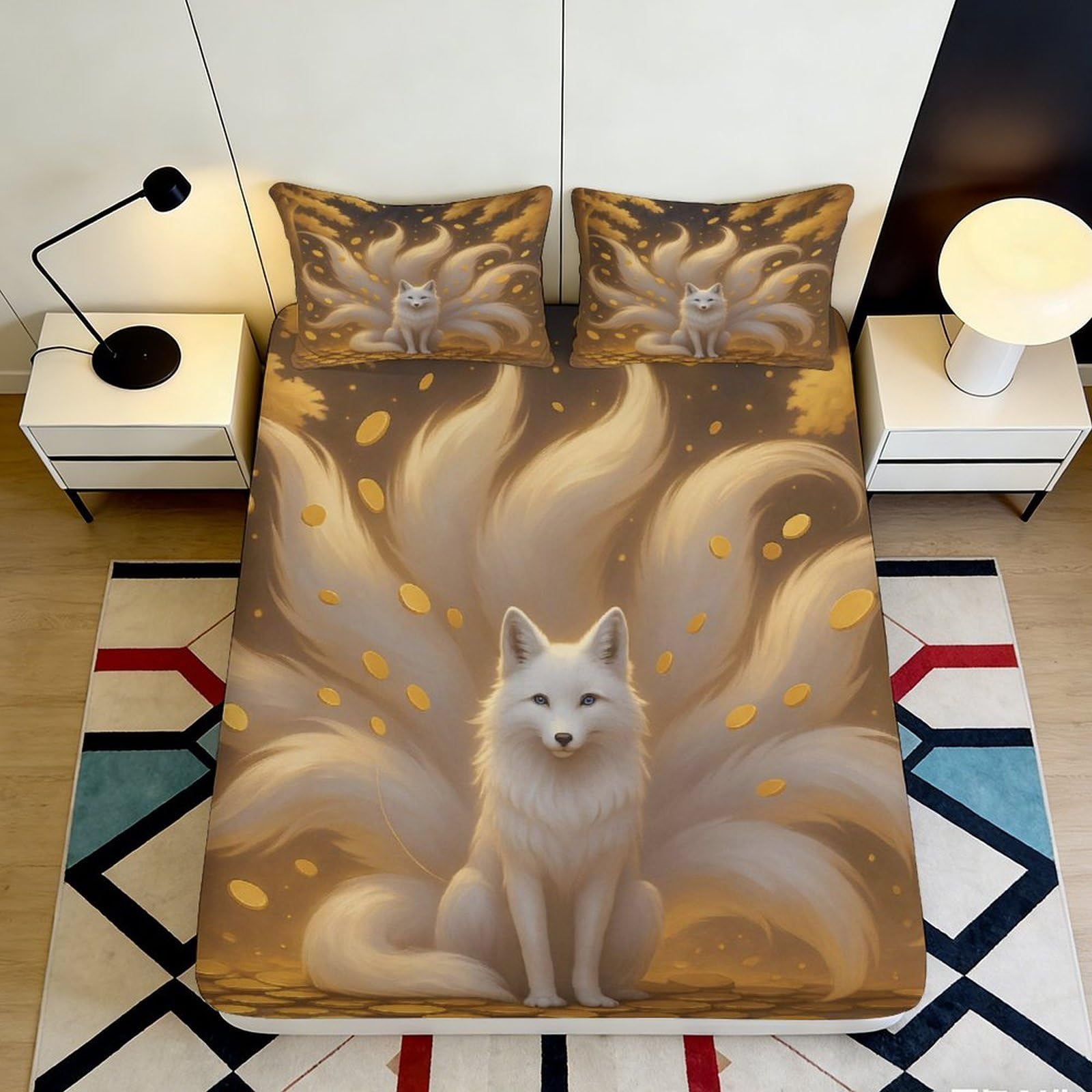 Uxinyoume Style-10 3D Printed Nine Tailed Fox Fitted Sheet Microfiber Soft Breathable Golden Fantasy Bed Cover For Bedroom Guest Room Decor 90X200x25cm