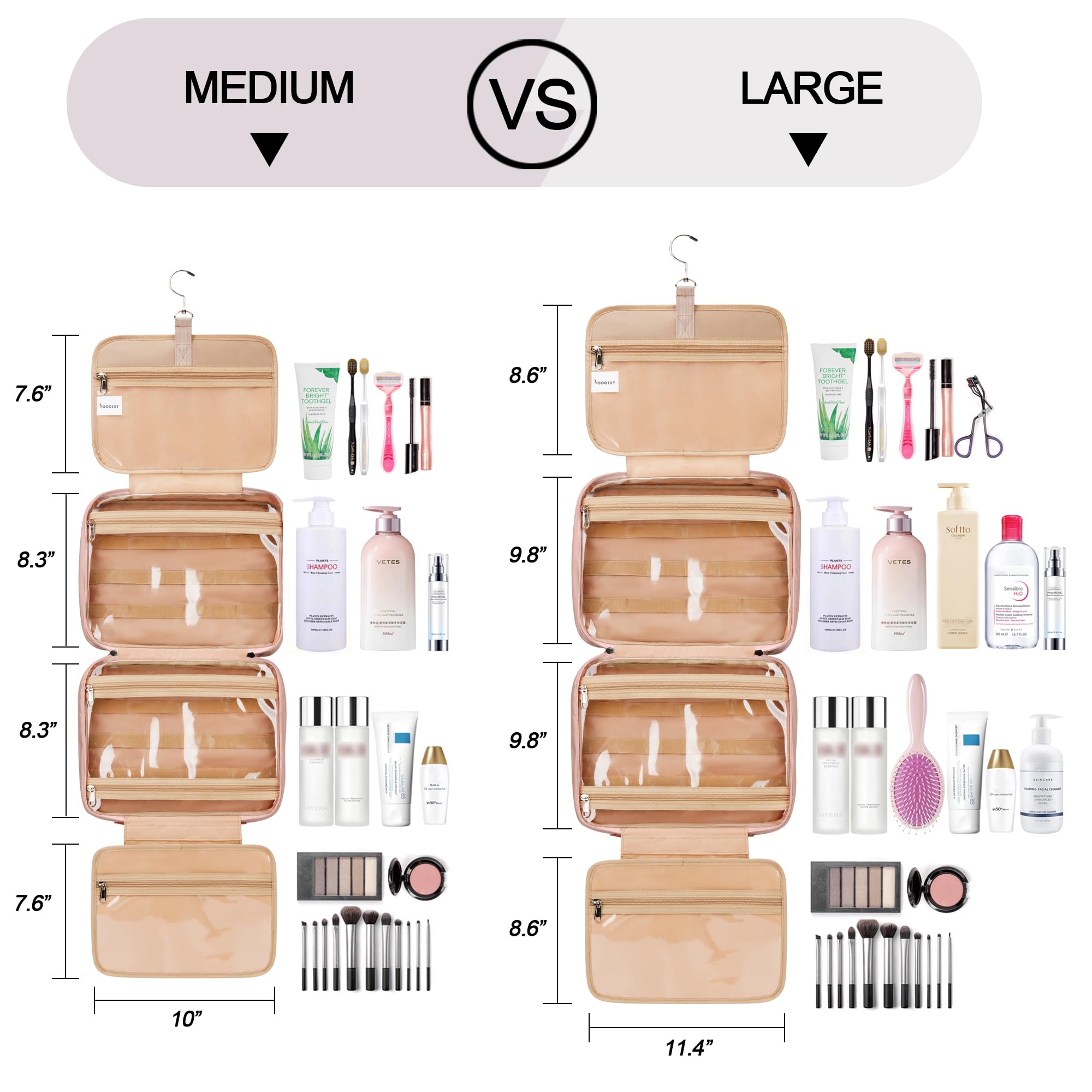 COOSKY Neceser colgante de viaje para mujer, con capacidad para champú de tamaño completo, con compartimento organizador de joyas, bolsa de maquillaje extragrande, bolsa de cosméticos impermeable,