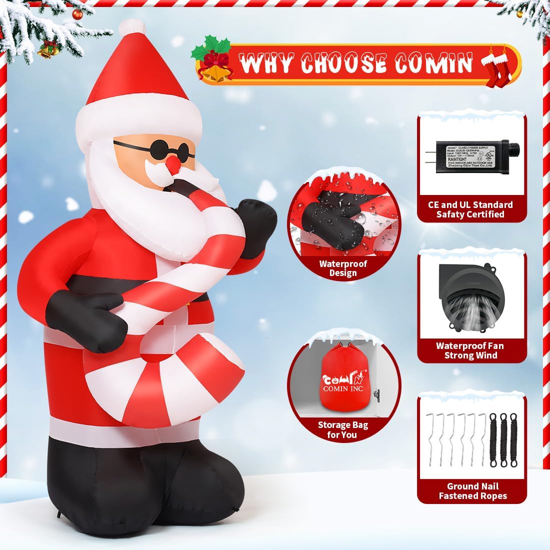 COMIN 8 FT Christmas Inflatables Outdoor Decorations, Blow Up Inflatable Santa Claus Play Saxophone with Built-in LEDs for Christmas Indoor Outdoor Yard Lawn Garden Decorations