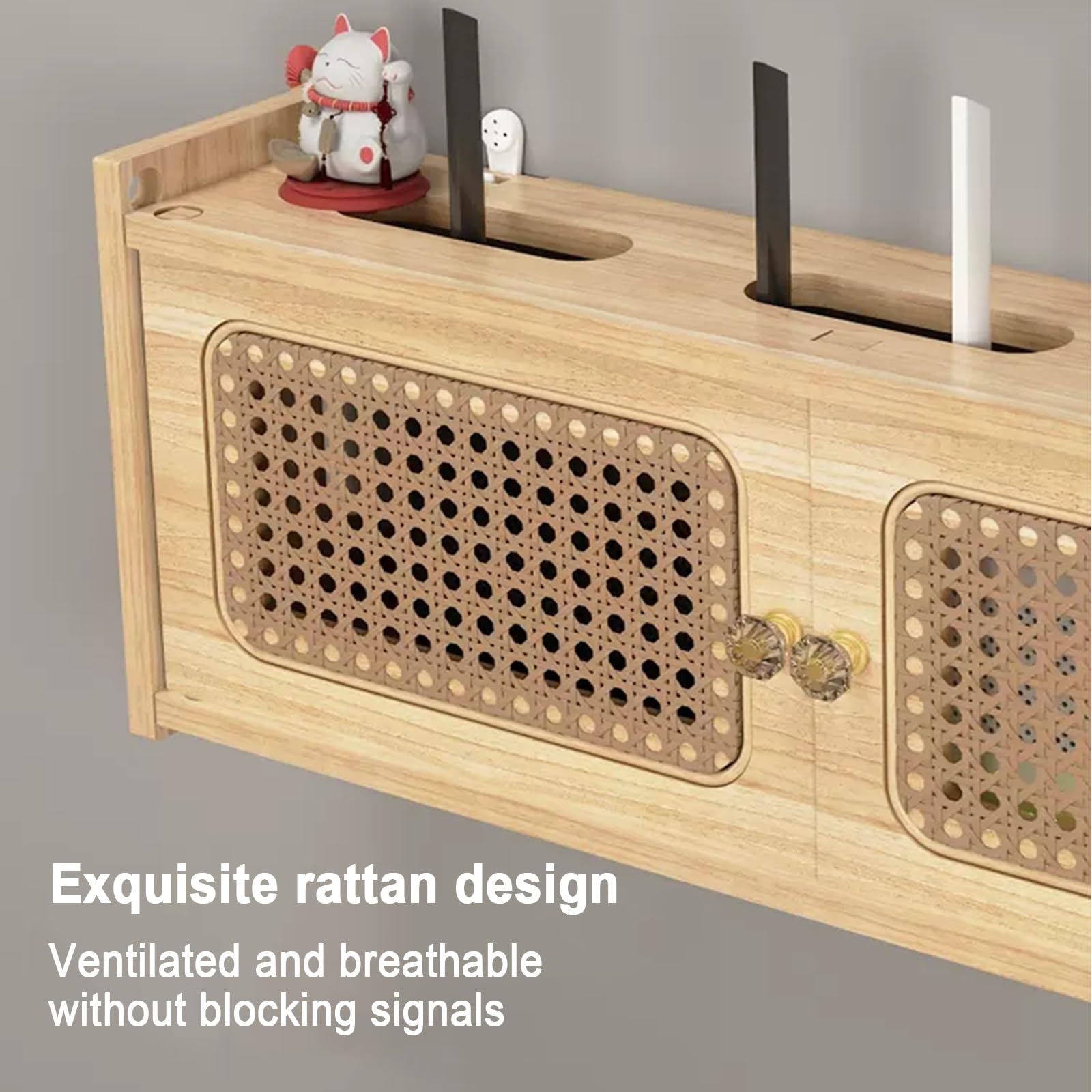 Étagère murale en bois avec porte tressée en rotin pour le rangement du routeur WiFi et la gestion des câbles d'alimentation, idéale pour le bureau et la maison